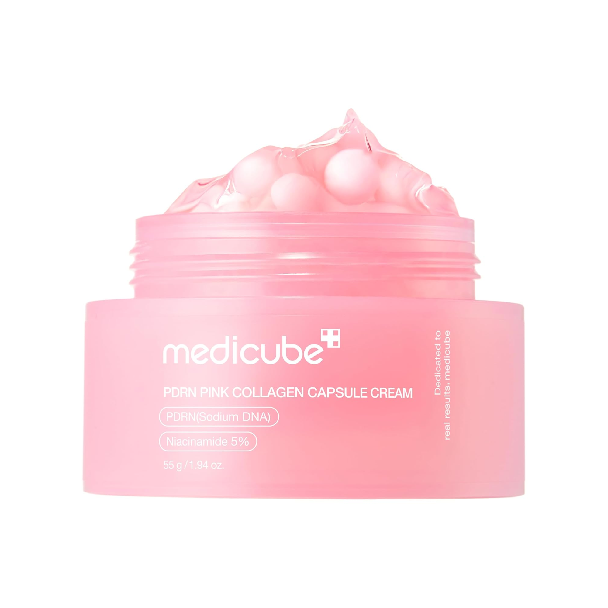 Pink collagen capsule cream jar with visible brand name on a white background