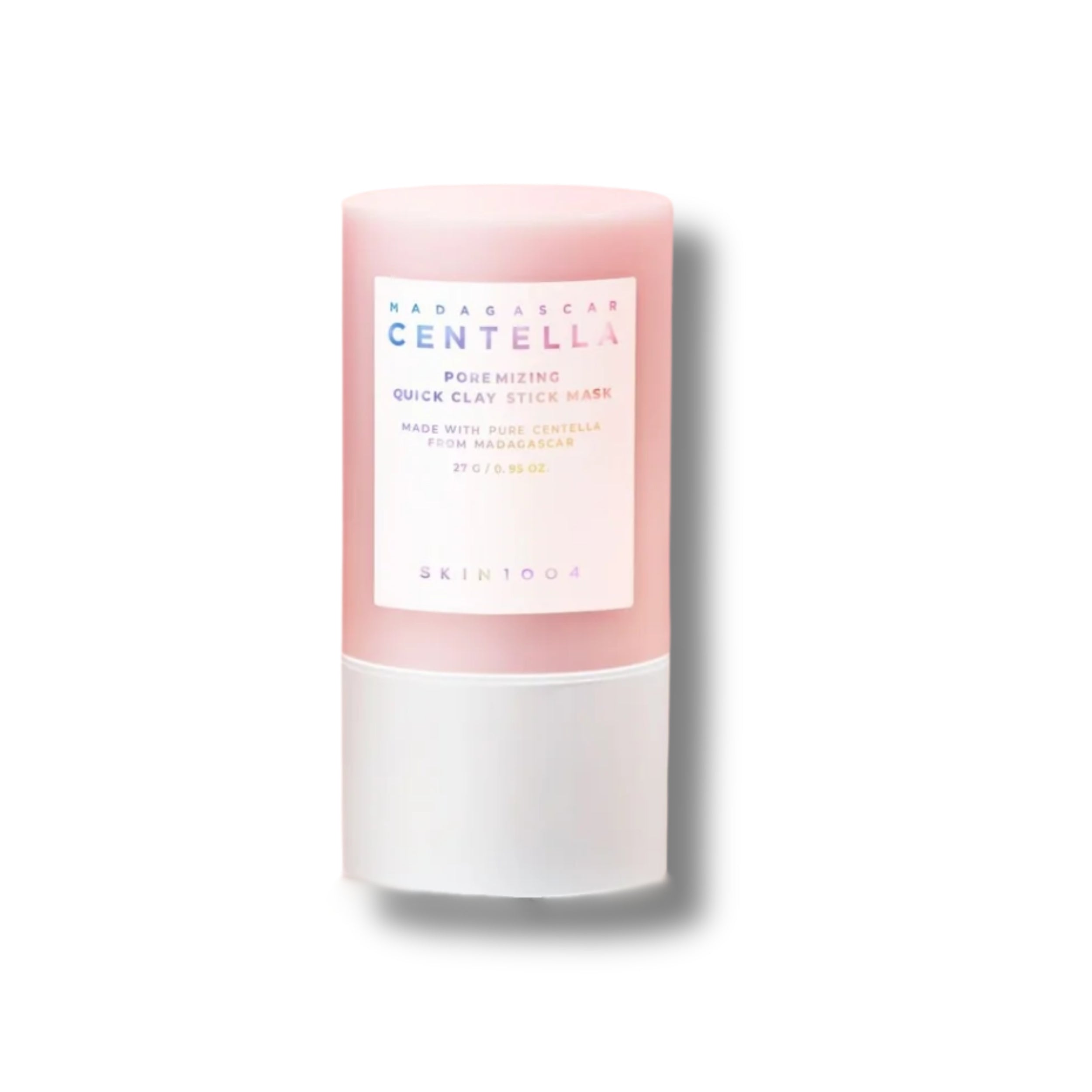 Pink skincare stick with a label on a white background