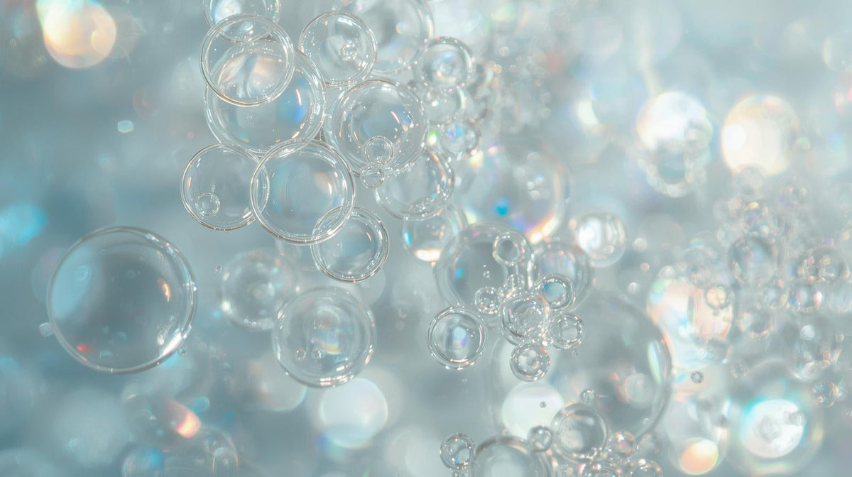 Transparent bubbles on a blurred light blue background