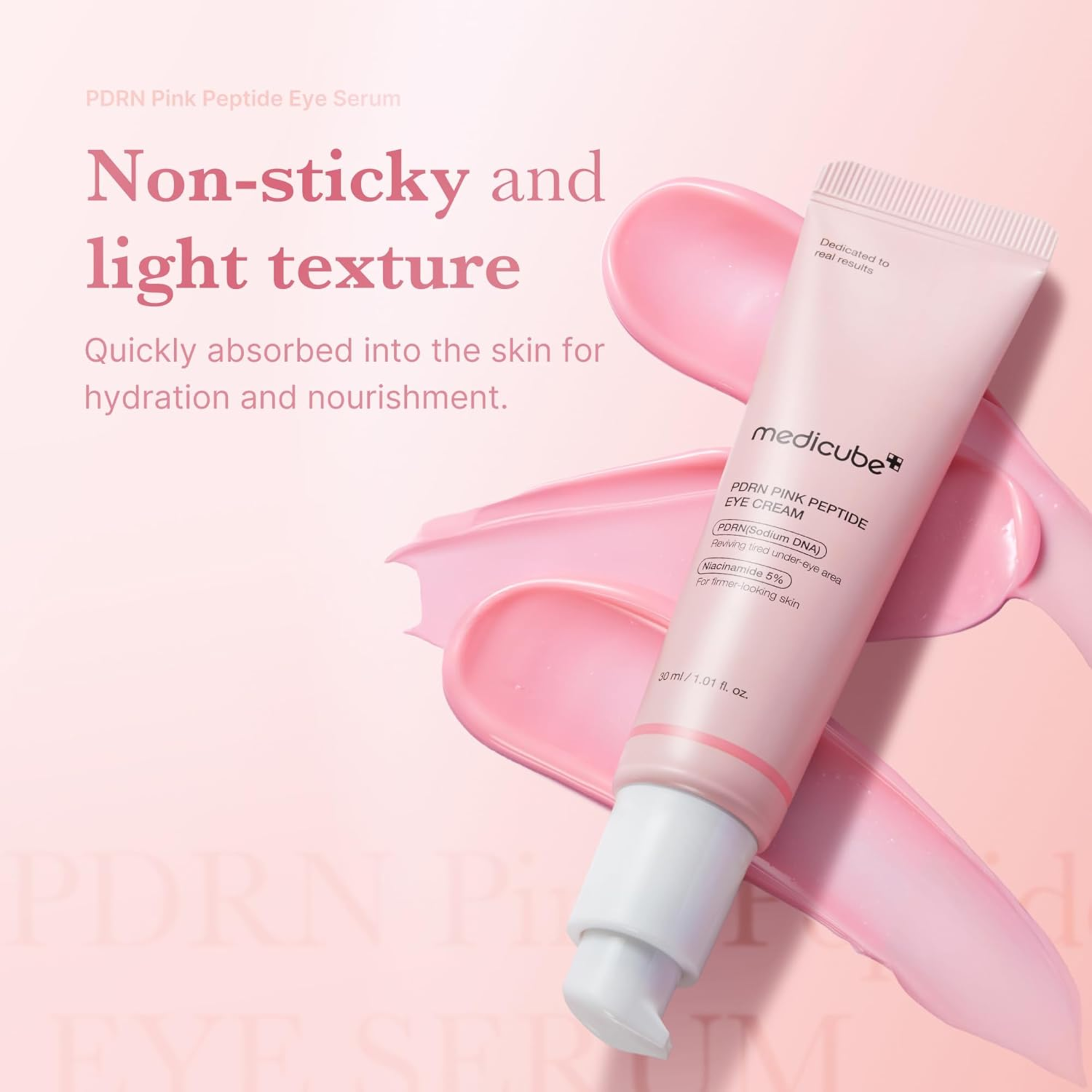 Pink eye serum tube with text on a pink background
