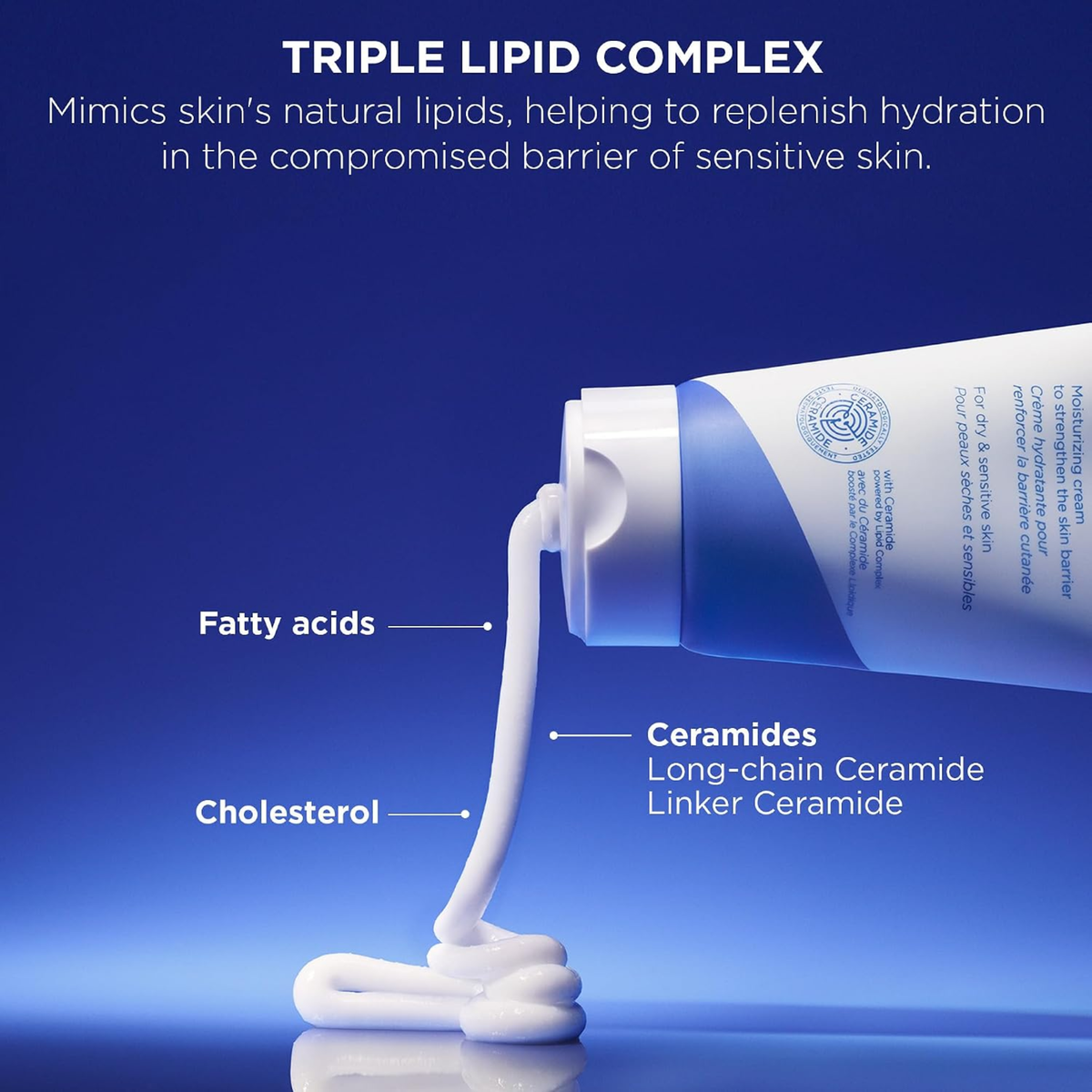 Tube of cream with labeled ingredients on a blue background