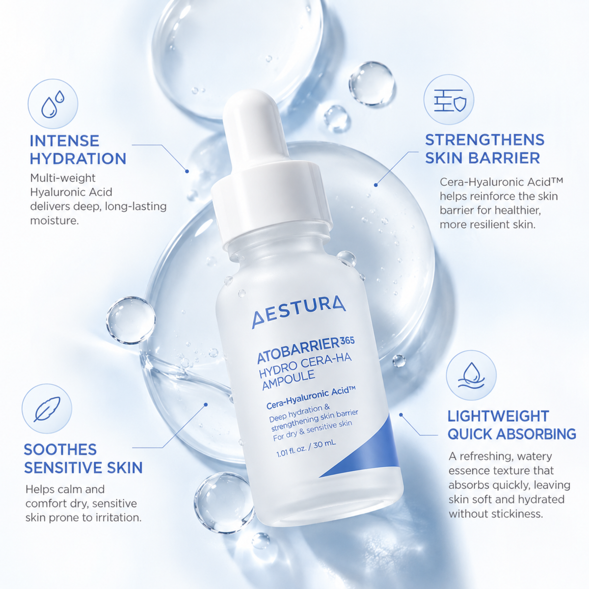 A bottle of Aestura AtobARRIER 365 Hydro Cerahna Ampoule serum centered on a light blue background with floating bubbles and callout text highlighting benefits like intense hydration, strengthened skin barrier, soothing sensitive skin, and lightweight quick absorbing.