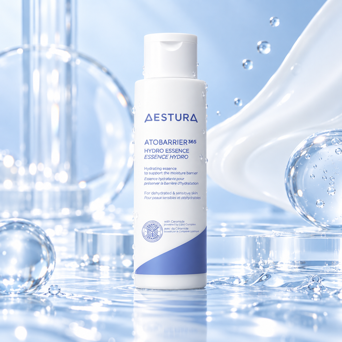 A bottle of AESTURA AtobARRIER M65 Hydro Essence Essence Hydro skincare product, set against a stylized background of water droplets, glass spheres, and a blue liquid splash.