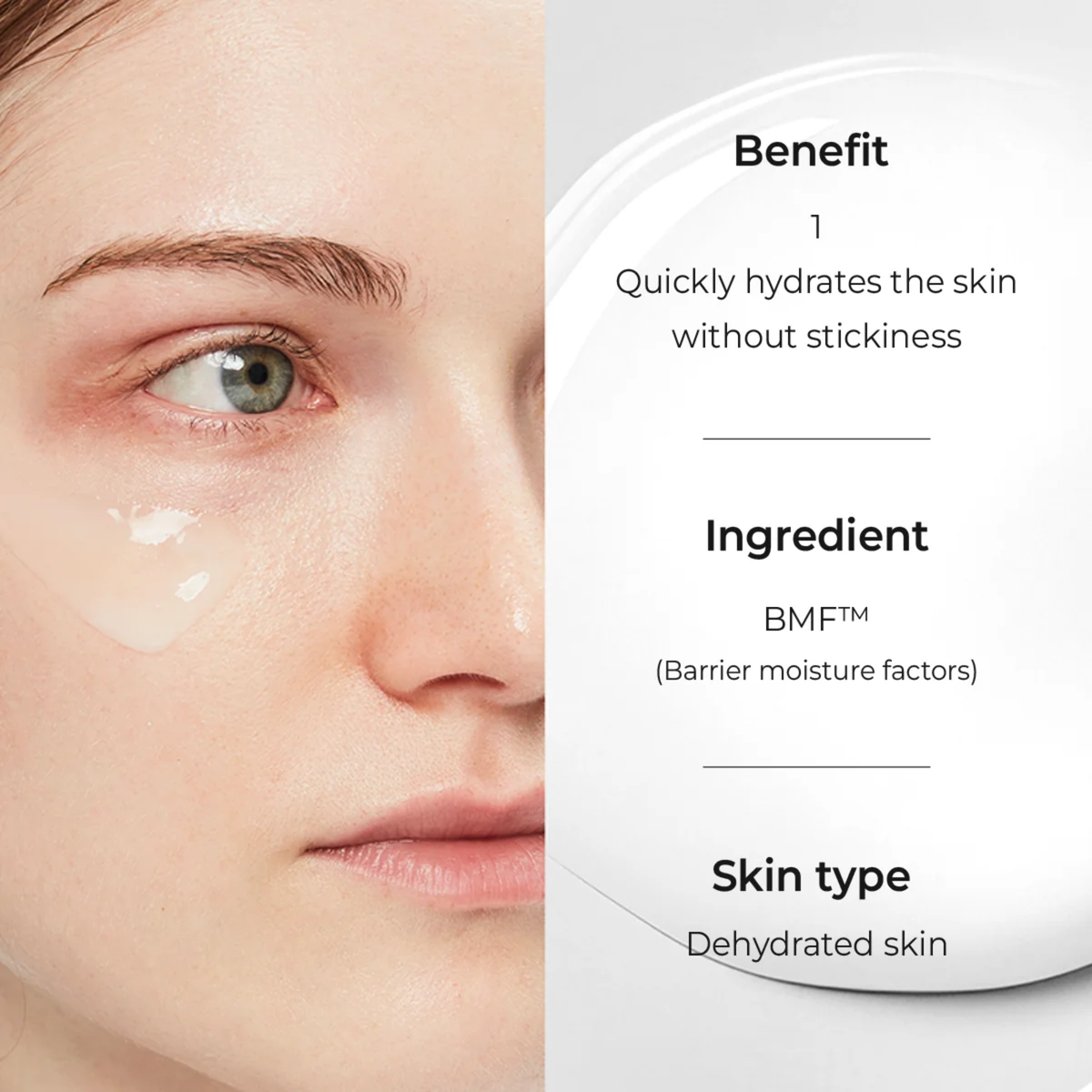 Close-up of a person's face with skincare product and text about benefits and ingredients.