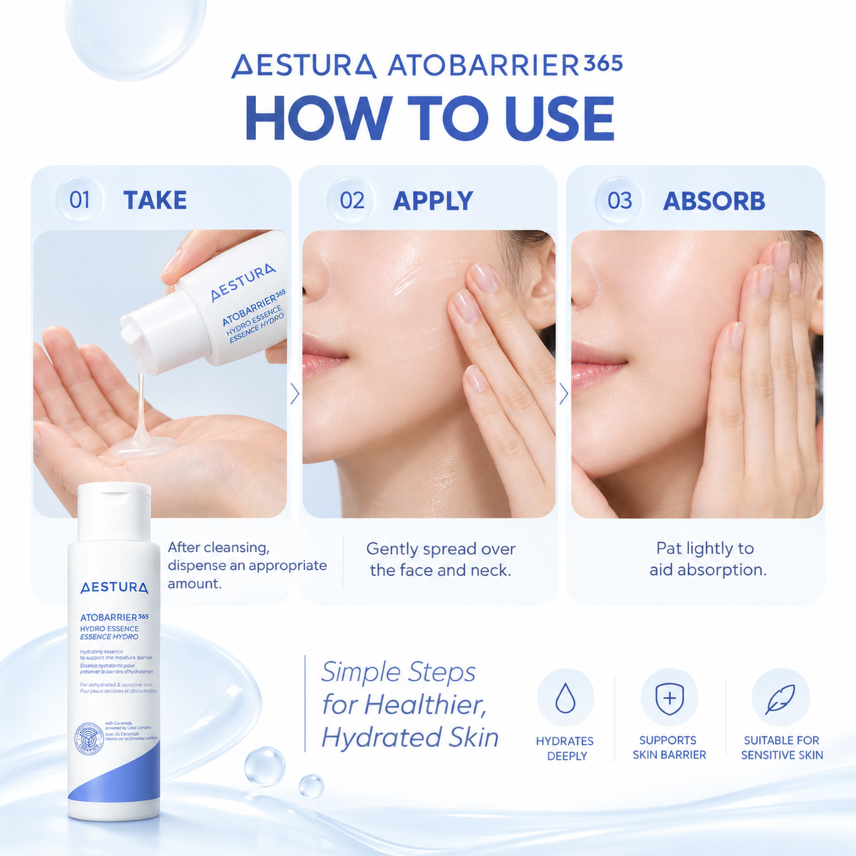 Aesthetic AtobARRIER365 How To Use infographic showing three steps: take (dispense gel onto hand), apply (spread over face and neck), and absorb (pat skin). The image also features a bottle of Aestura AtobARRIER365 Hydrating Emulsion with a blue and white label on a clean, light blue and white background.