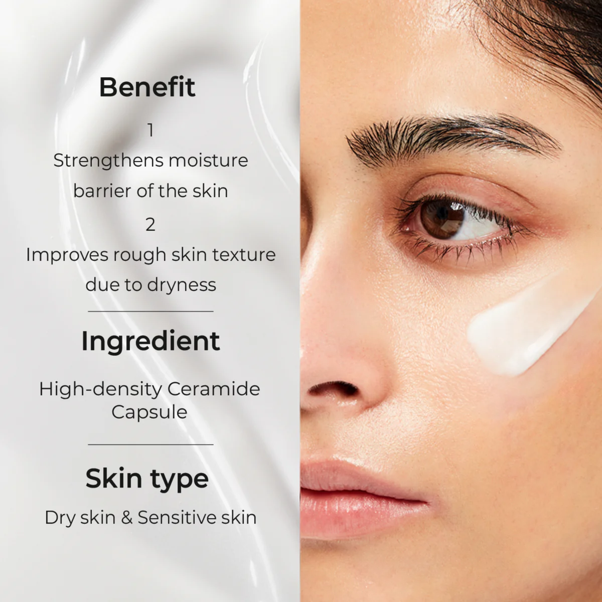 Product advertisement showing a woman's face with skincare benefits and ingredients highlighted.