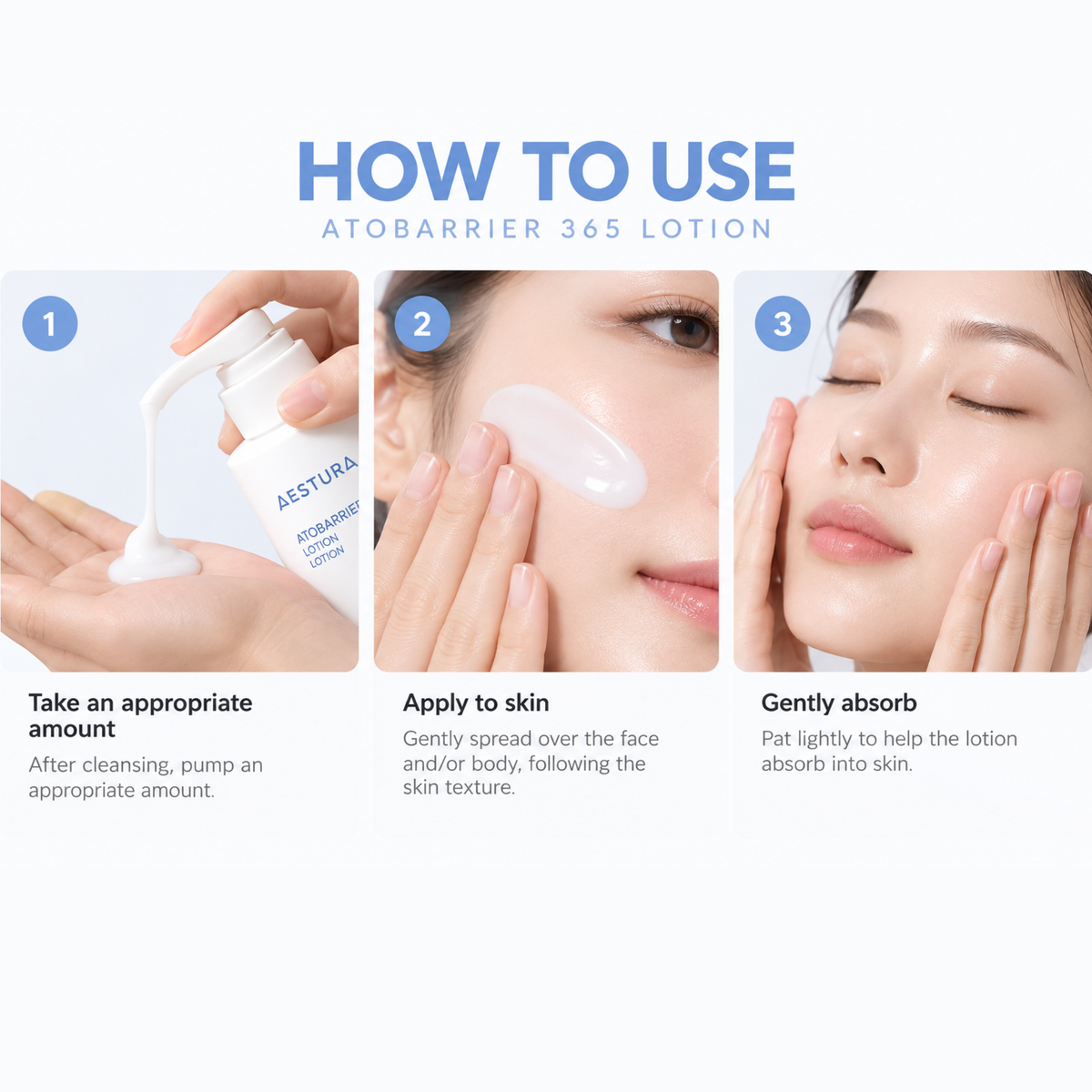 Instruction graphic for Aestura AtobARRIER 365 Lotion showing three steps: taking an appropriate amount, applying to skin, and gently absorbing. The top text reads 'HOW TO USE ATOBARRIER 365 LOTION' on a clean white background.
