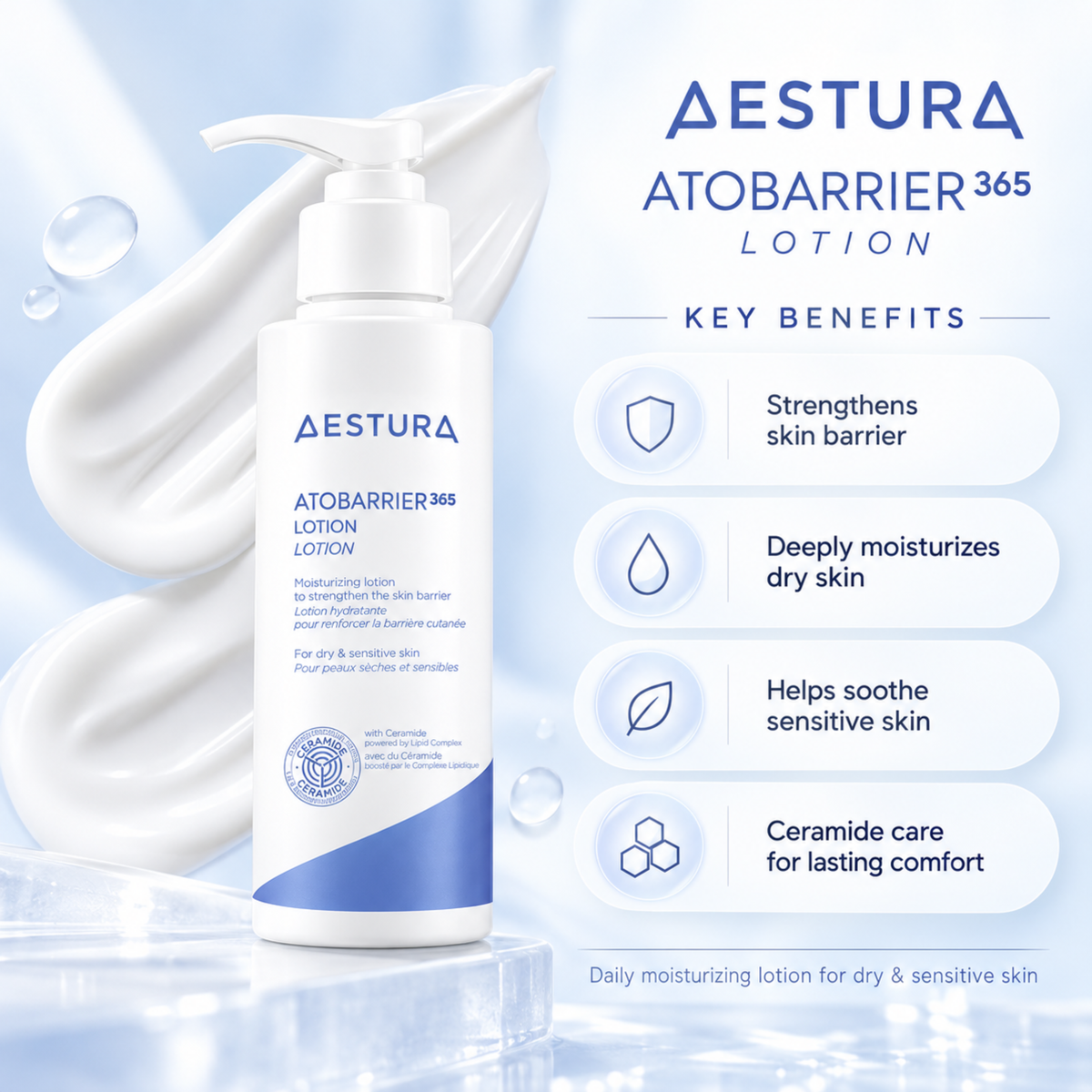 A bottle of Aestura AtobARRIER 365 Lotion shown on a light blue promotional background with a white lotion smear behind it and key benefits listed on the right.