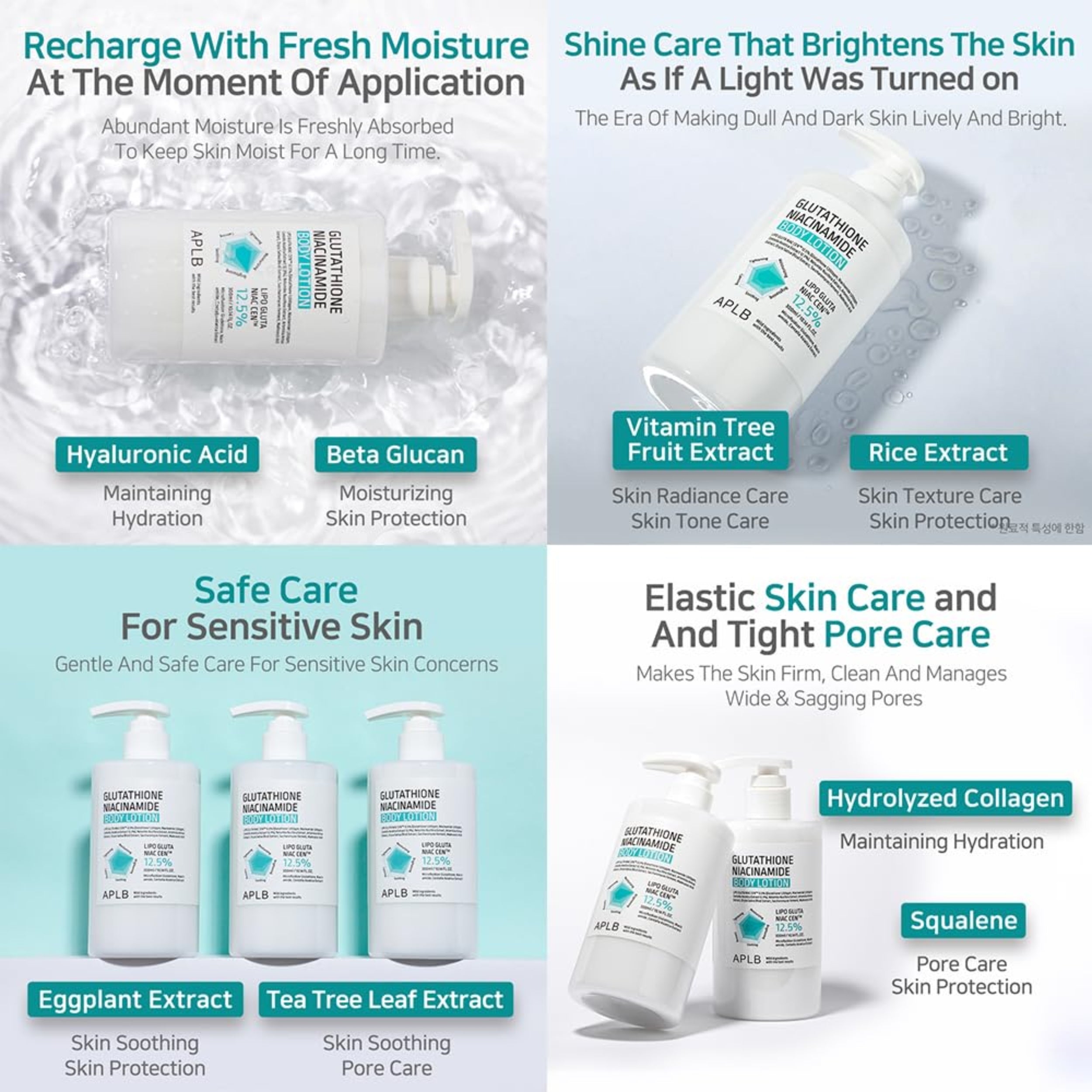 Cosmetic product display with text highlighting benefits and ingredients on a white background.