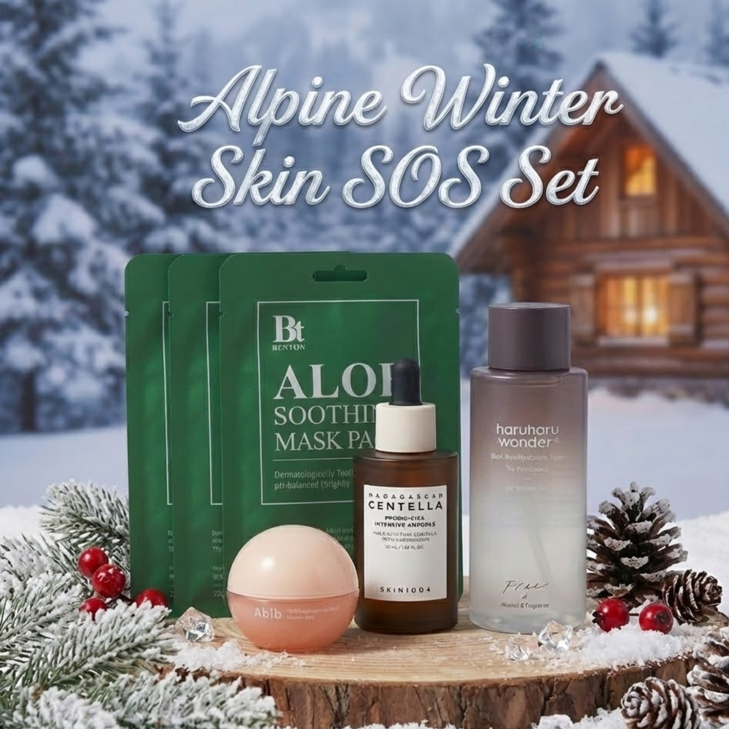 aloe soothing mask pack and haruharu toner, serum and lip care products displayed in the outside of cottage 