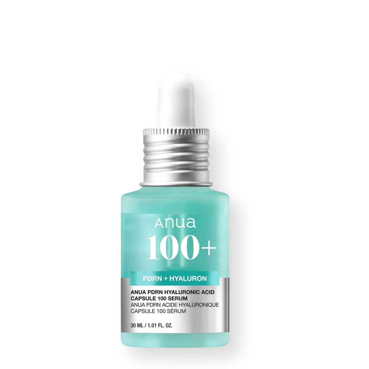 Anua 100+ PDRN + Hyaluronic Acid Capsule 100 Serum in a 30 ml bottle with a mint green body, silver collar, and white dropper cap, shown on a plain white background.