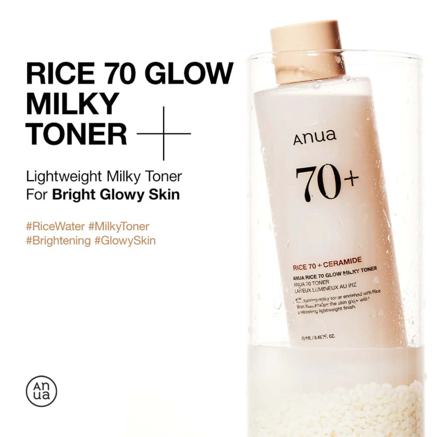 Anua Rice 70 Glow Milky Toner bottle with product details on a white background