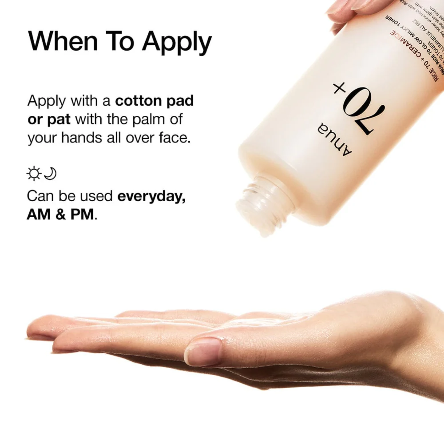 Product application instructions with a bottle and hand on a white background