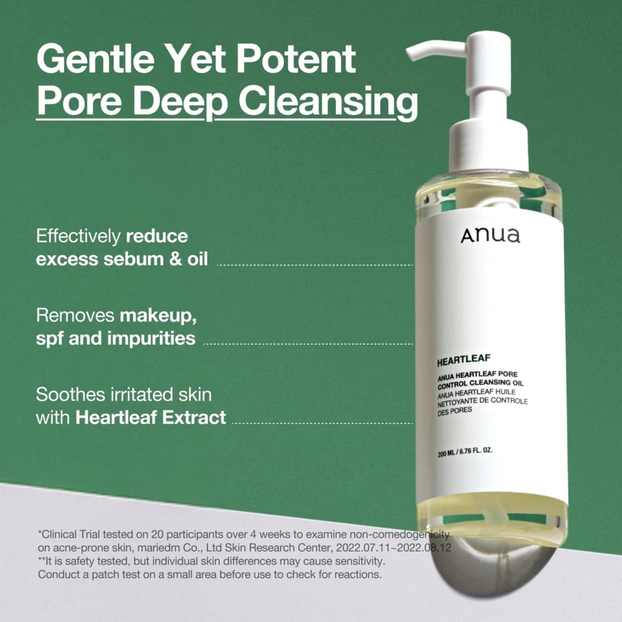 Anua pore deep cleansing product with green background and text highlighting benefits