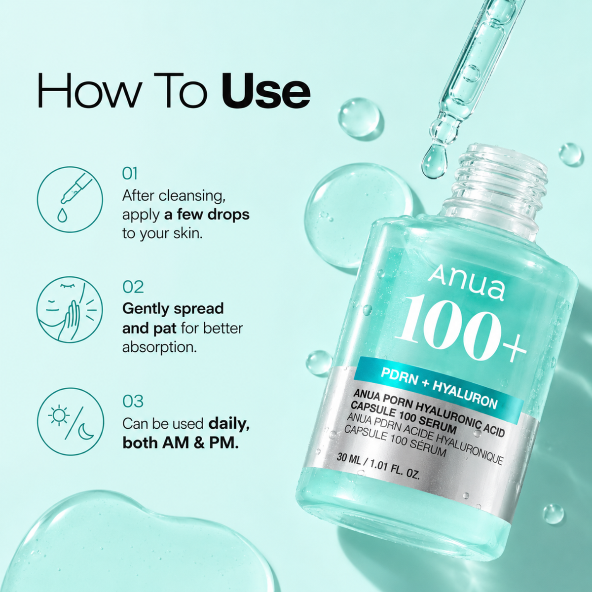 Anua 100+ PDRN + Hyaluronic Acid capsule serum bottle shown on a light aqua background with droplets and text instructions on how to use it.