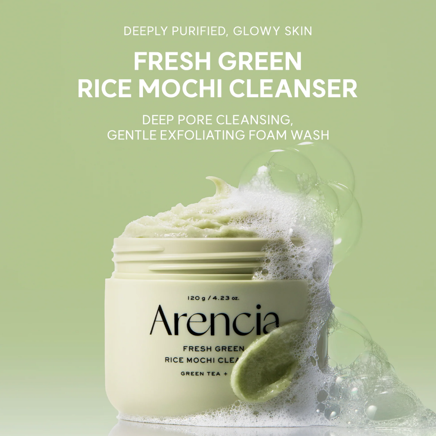 Arencia Fresh Green Rice Mochi Cleanser with green background and product details.