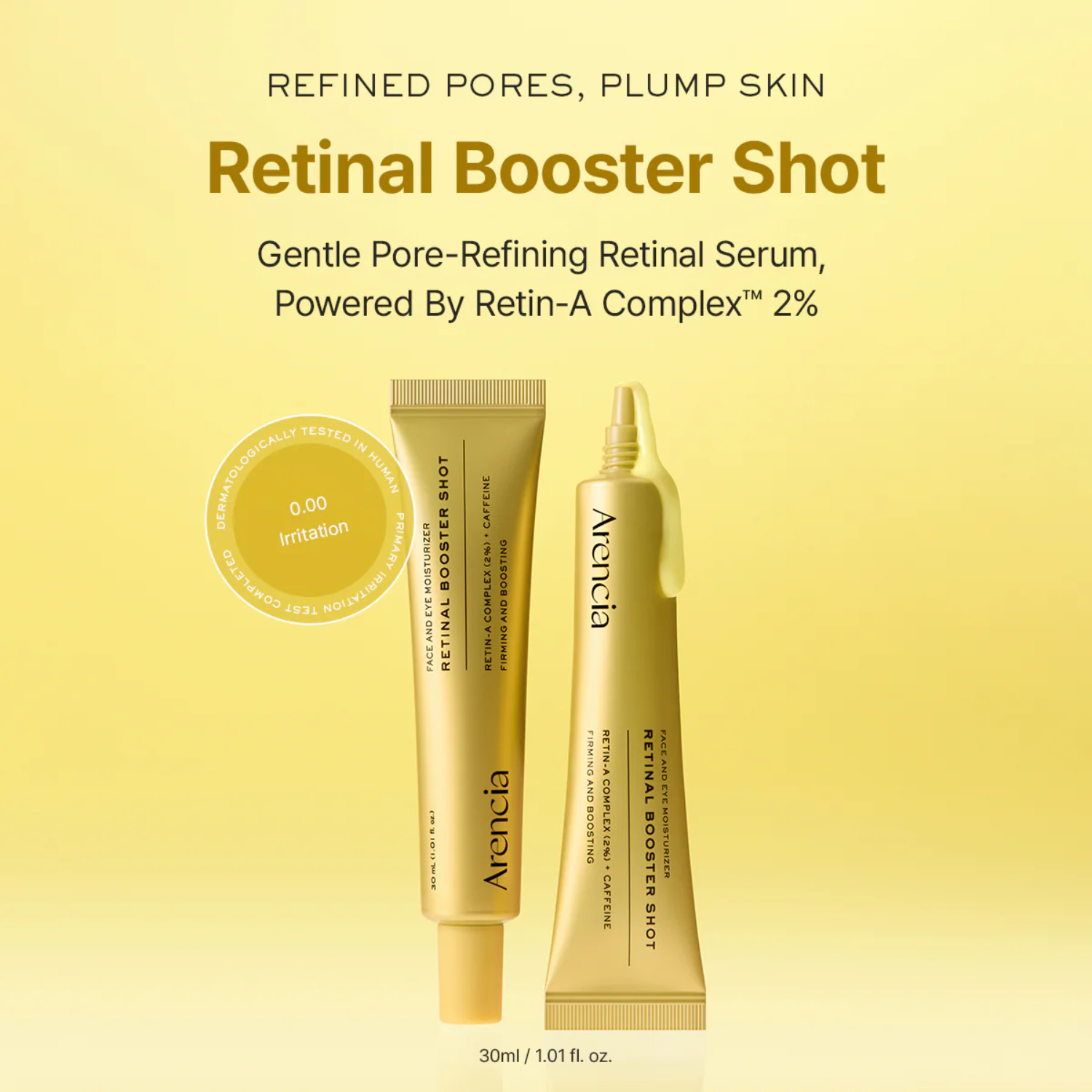 Gold retinal booster shot tube labeled 'Arencia' on a yellow background