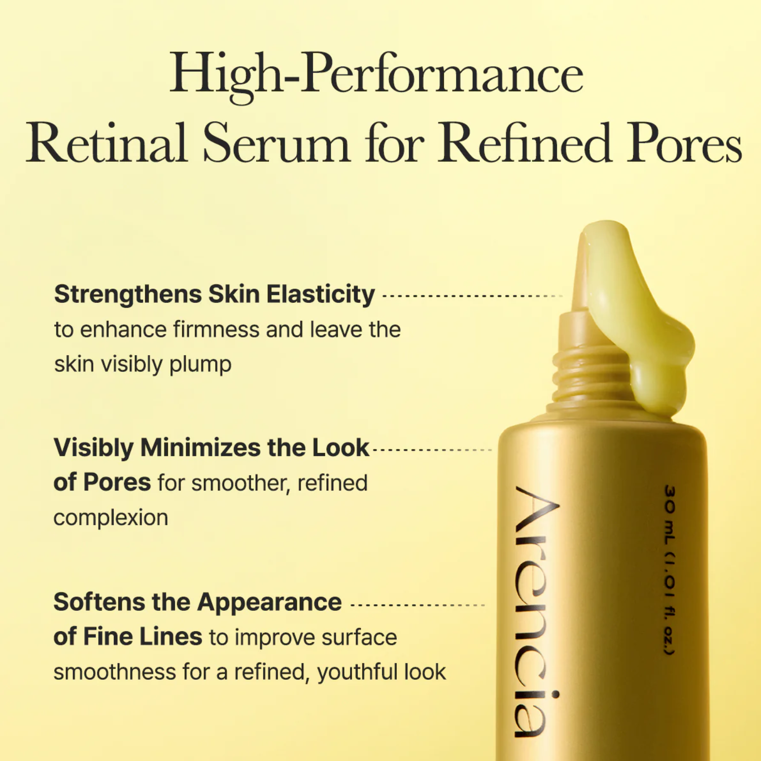 Gold serum bottle with text on a yellow background, featuring the brand 'Arencia'.