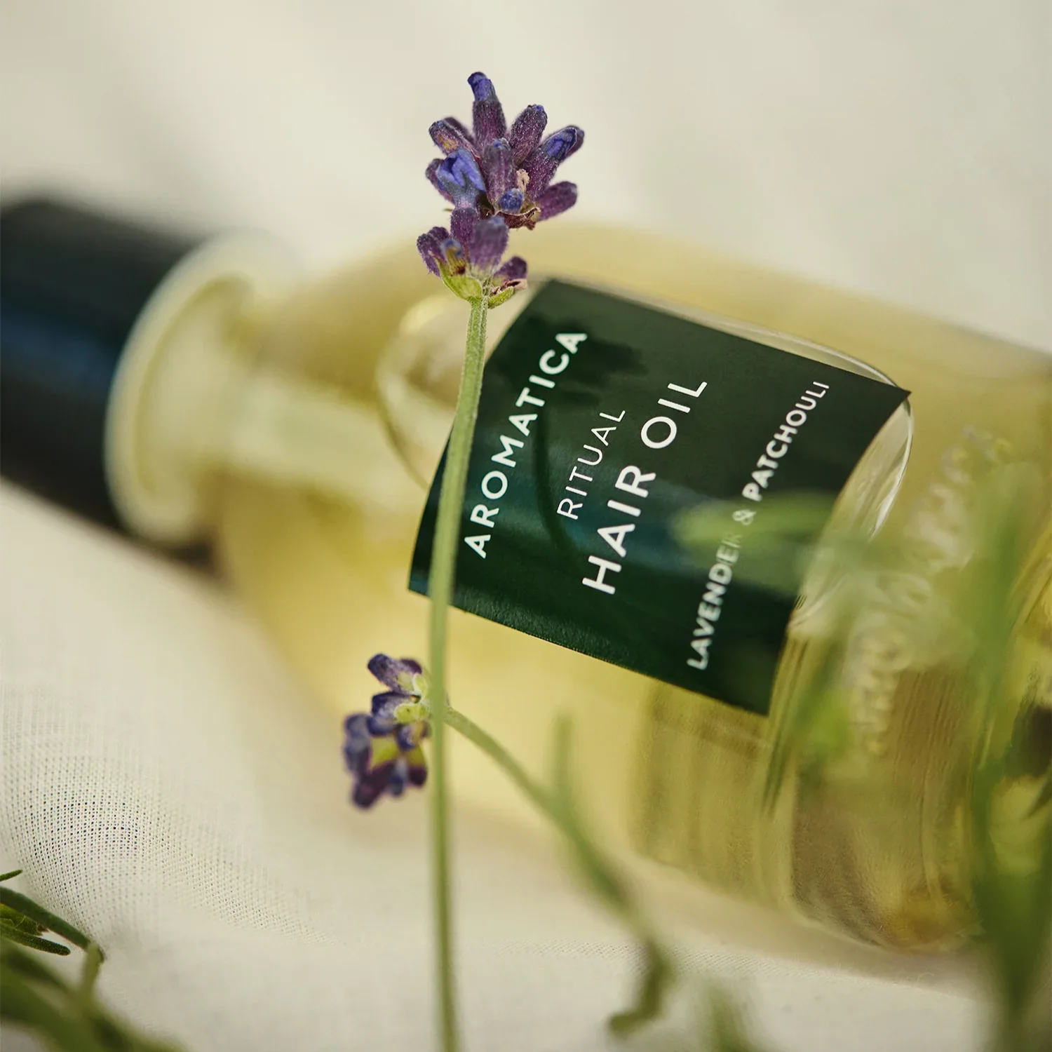 Aromatica Ritual Hair Oil bottle with lavender flowers on a light background