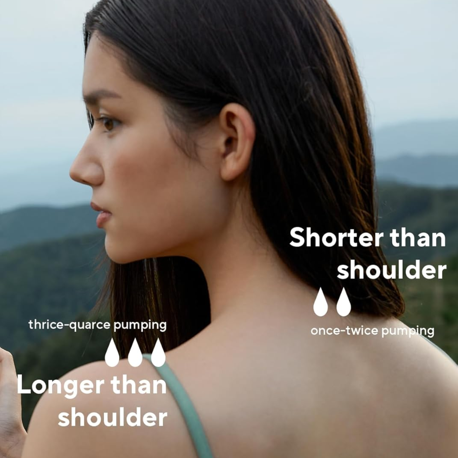 Woman with text indicating hair length comparison against shoulder level