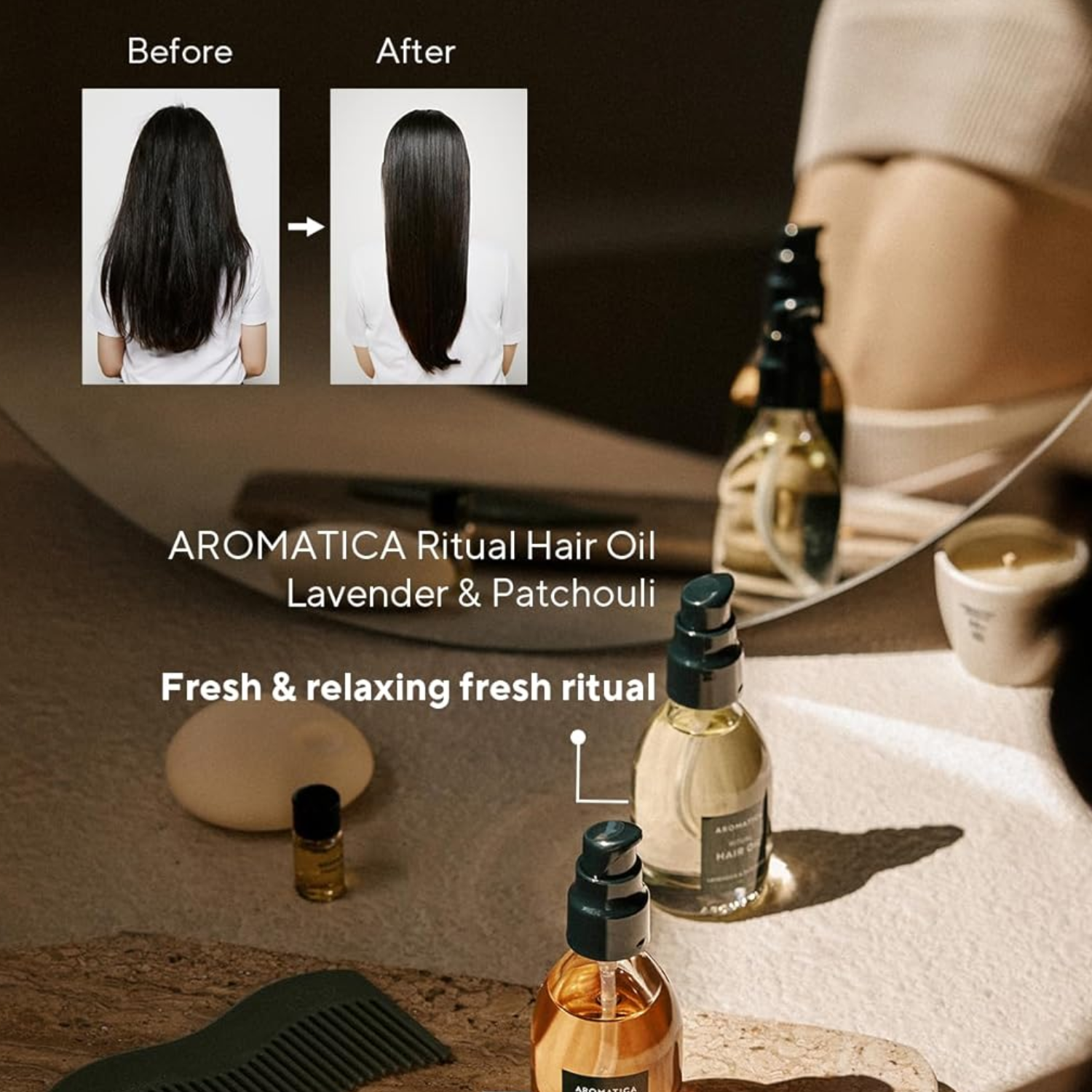 Aromatica Ritual Hair Oil with 'Before' and 'After' hair comparison, sitting on a table.