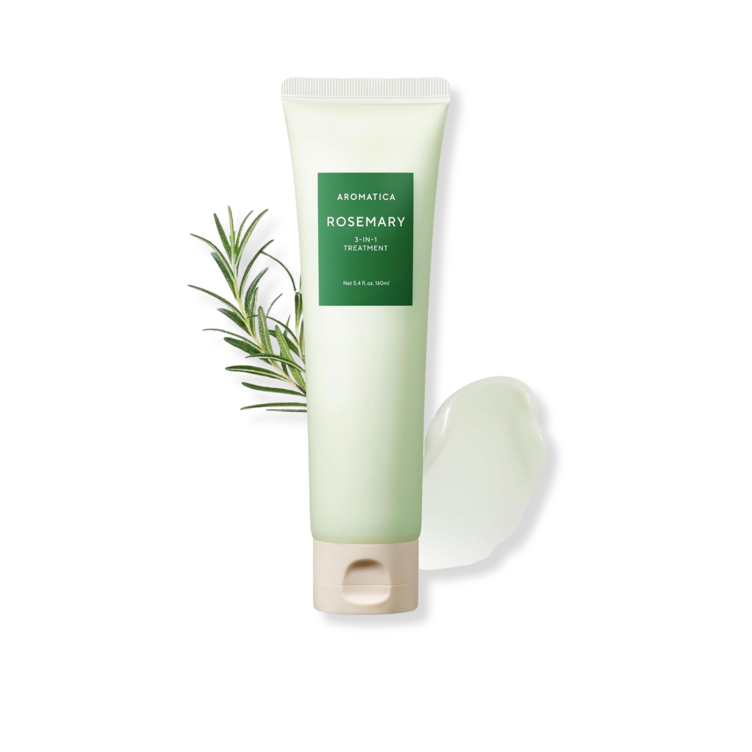 Tube of Aromatica Rosemary 2-in-1 Treatment with a sprig of rosemary on a white background