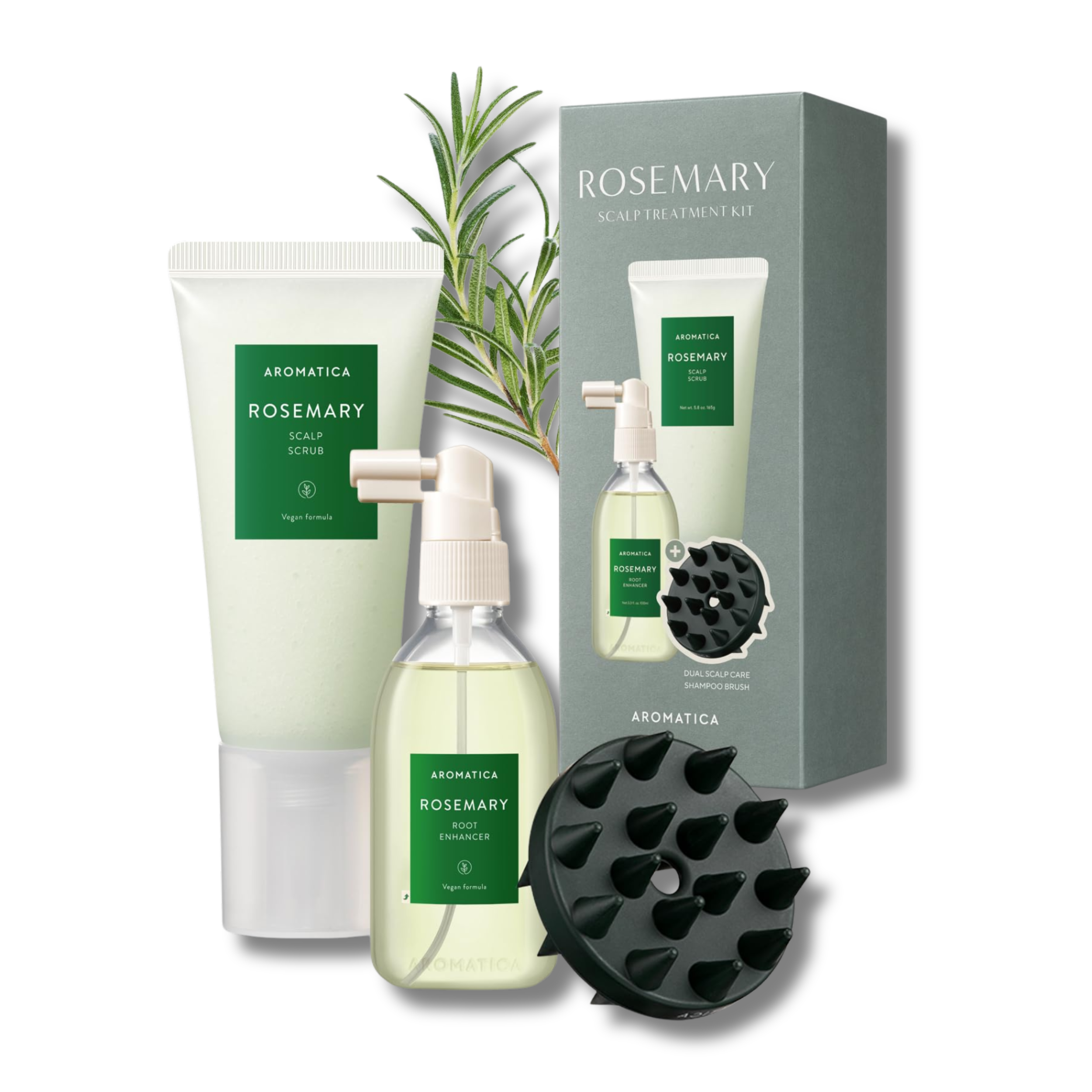 Aromatica Rosemary scalp care product set including serum, bottle, and brush on a white background