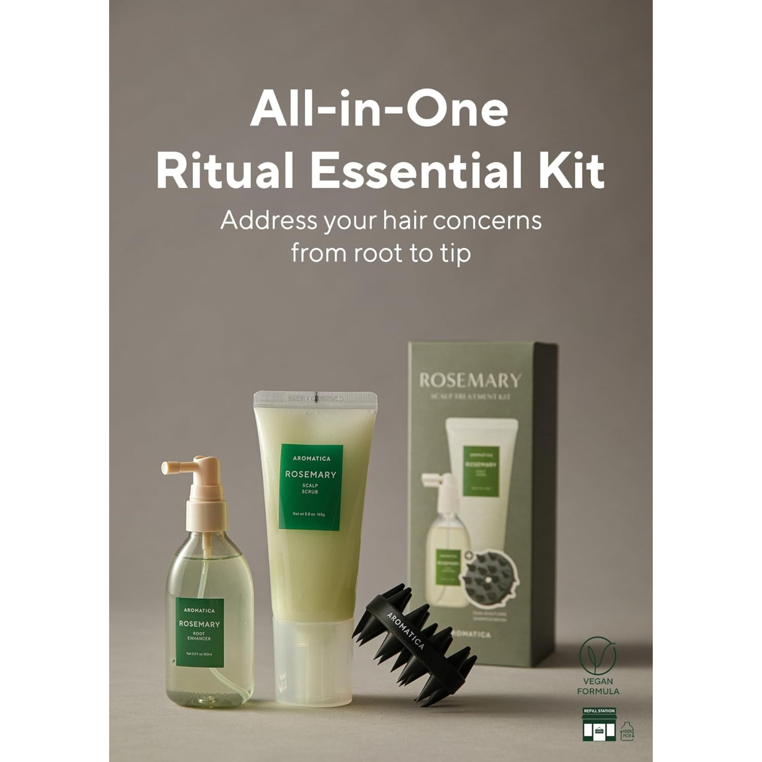 All-in-One Ritual Essential Kit with hair care products on a gray background