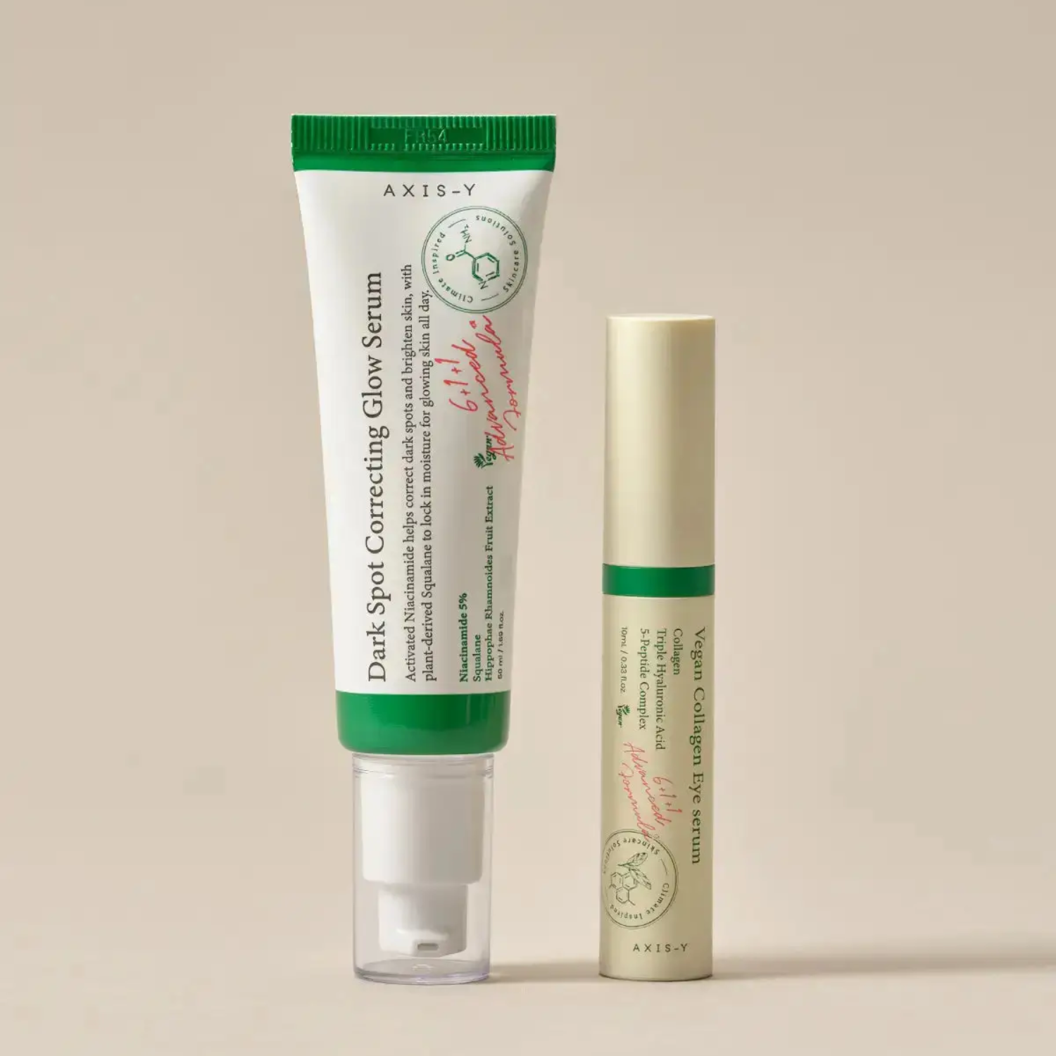 Two skincare products with green and white design on a beige background