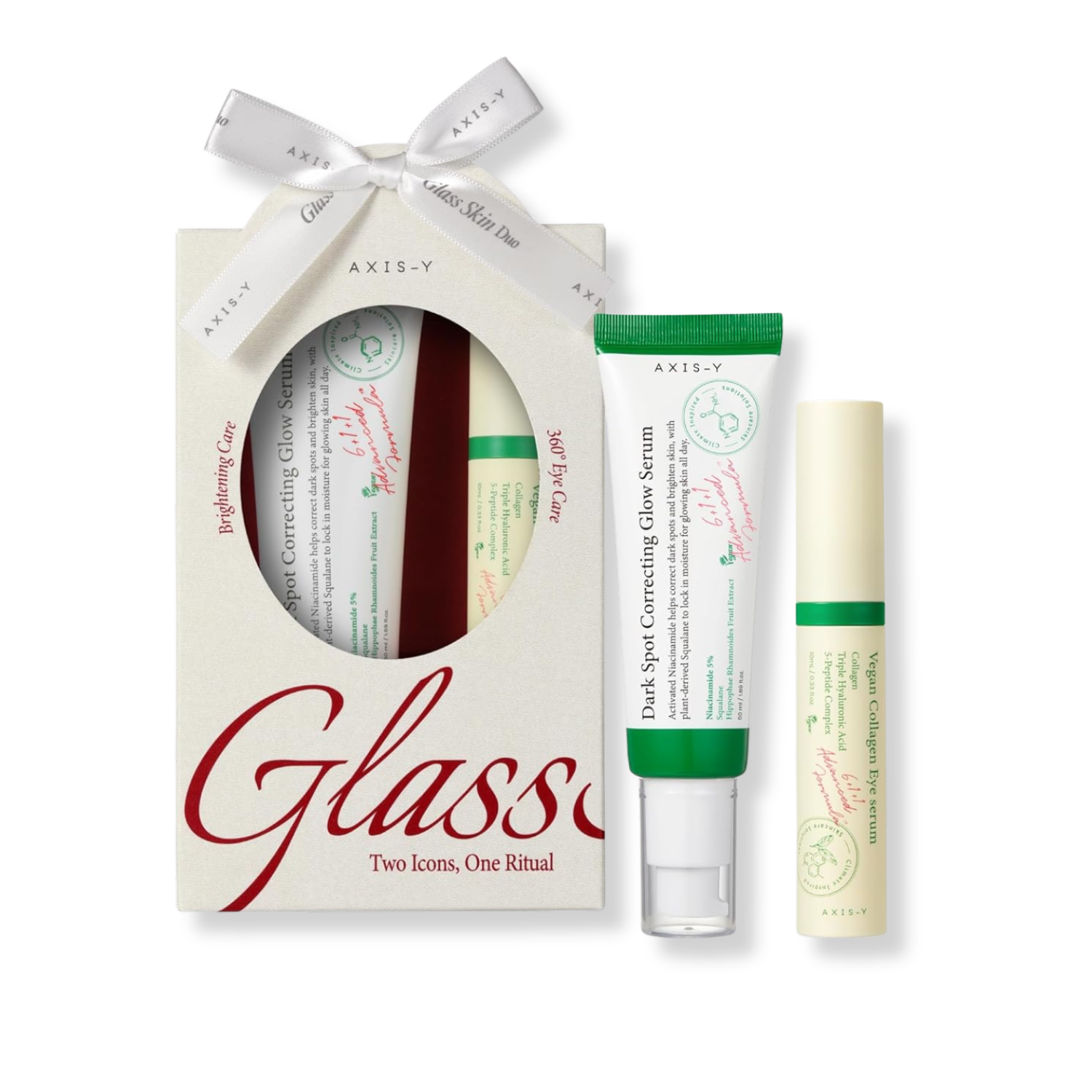 Axis-V skincare product set with serum and cream in front of a branded box on a white background
