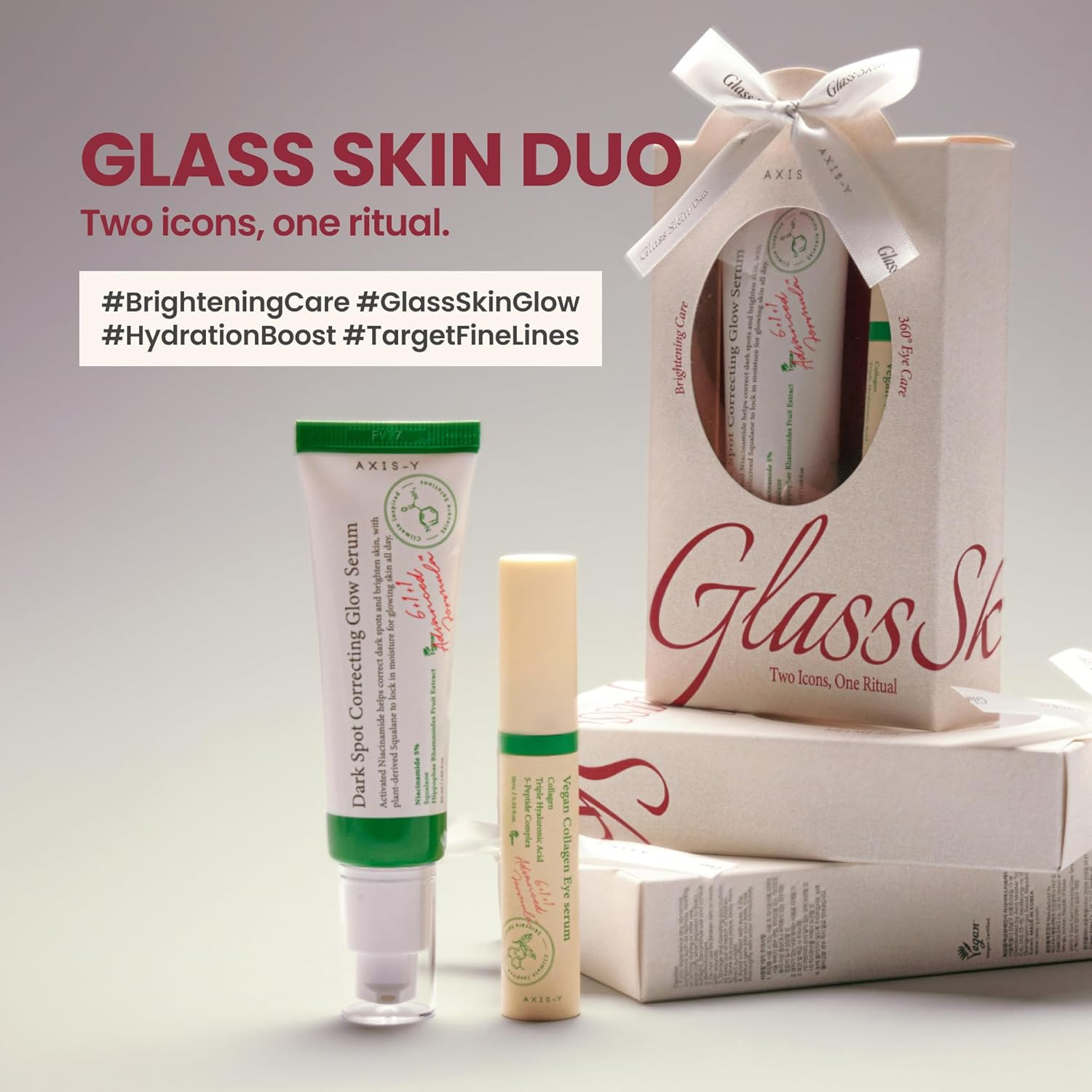 Glass Skin Duo skincare products with packaging on a light gray background