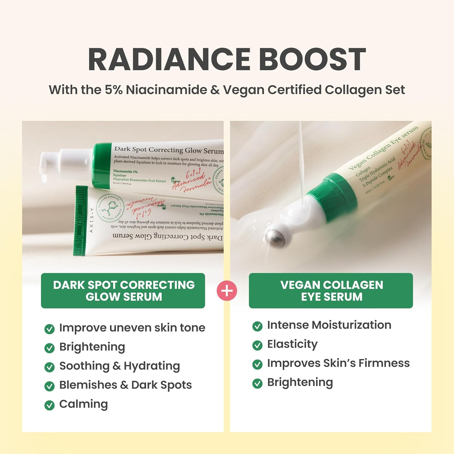 Radiance Boost skincare set with dark spot correcting glow serum and vegan collagen eye serum on a light background.