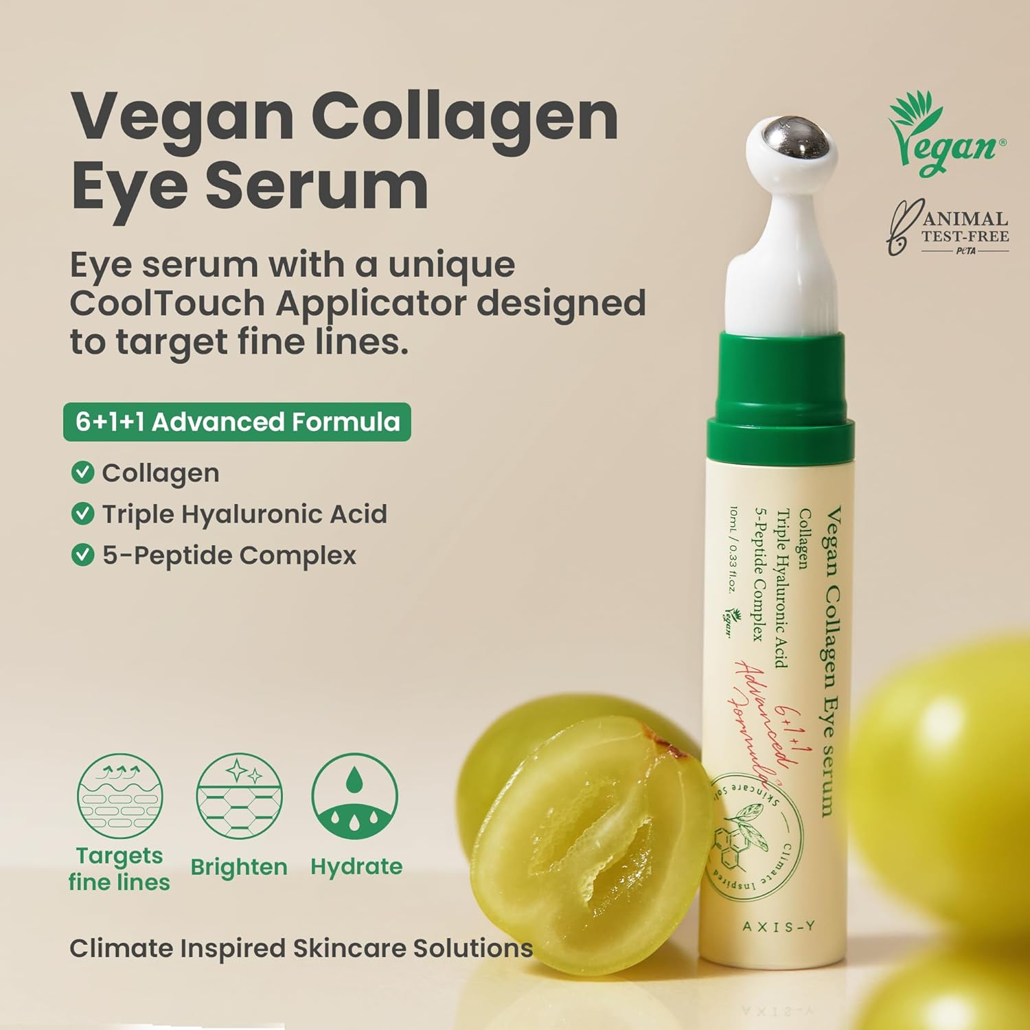 Vegan Collagen Eye Serum with CoolTouch Applicator on a beige background
