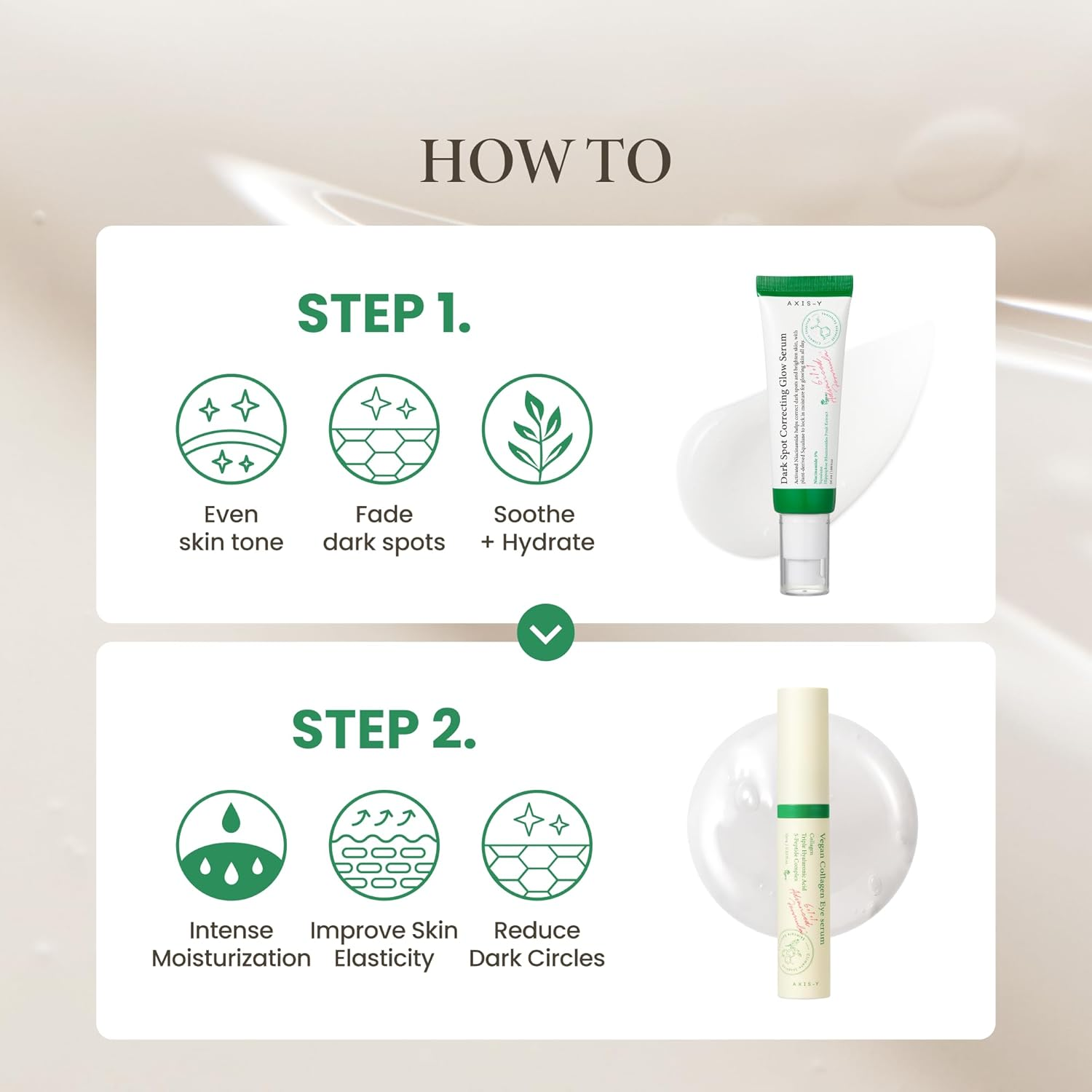Cosmetic product with step-by-step instructions on a beige background