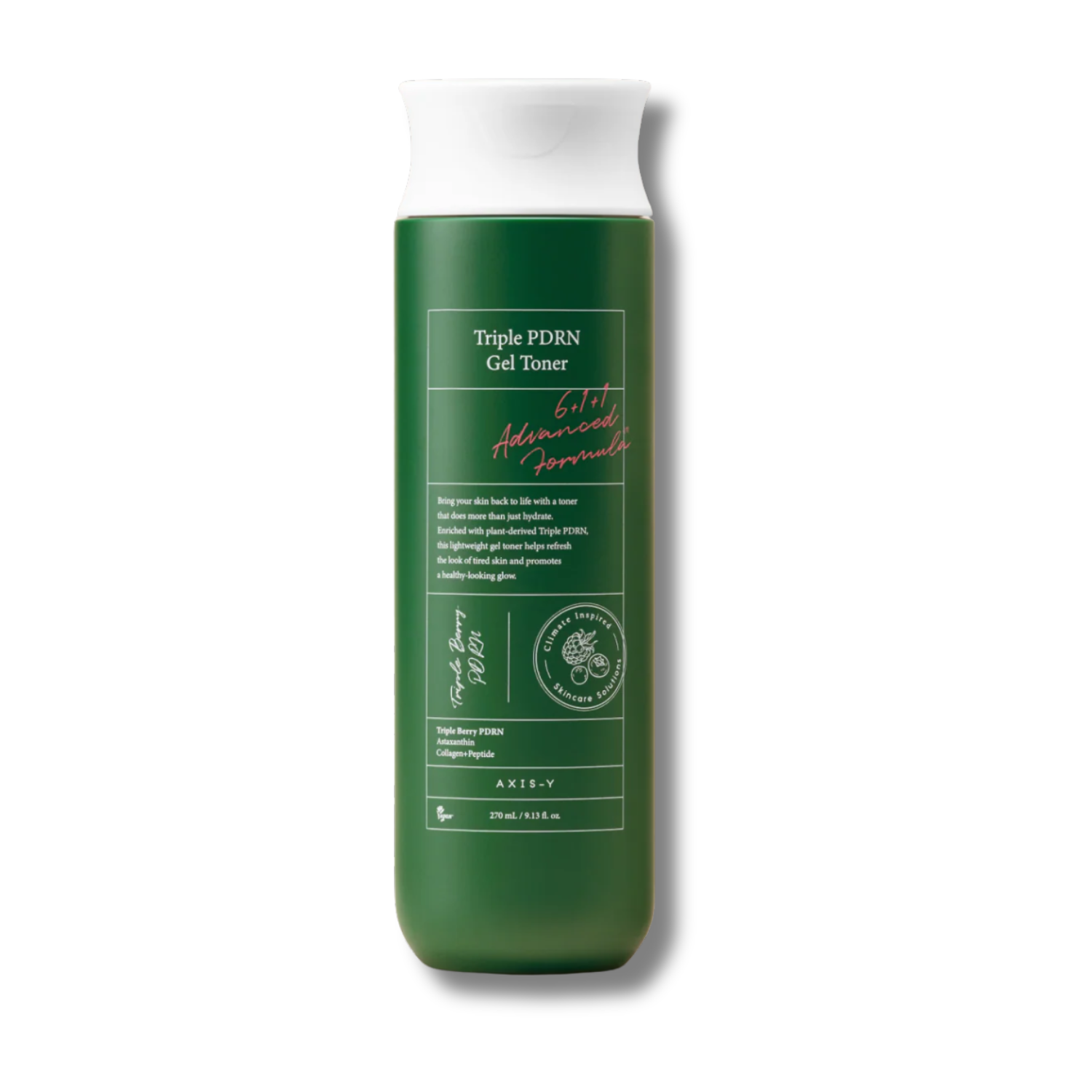 Green bottle with white cap labeled 'Triple PDRN Gel Toner' on a white background