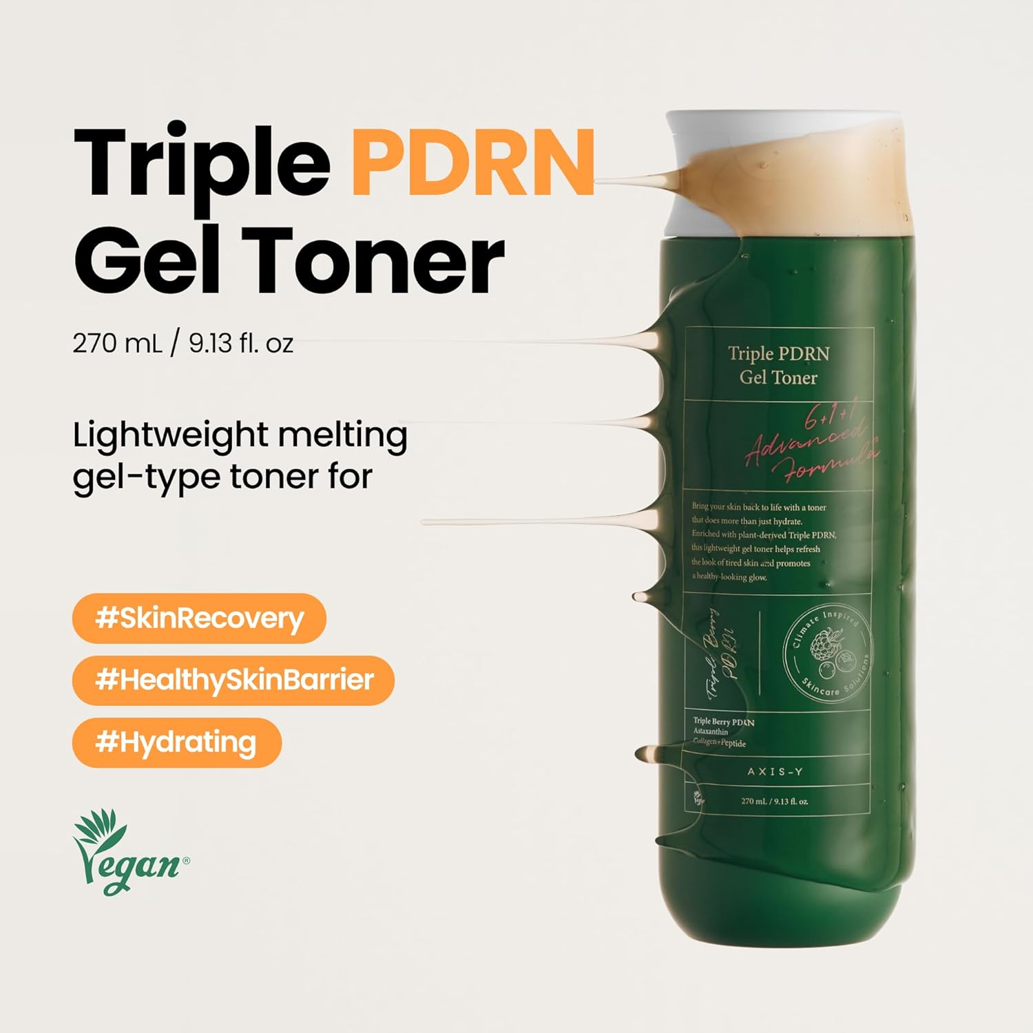 Triple PDRN Gel Toner bottle with product details on a white background