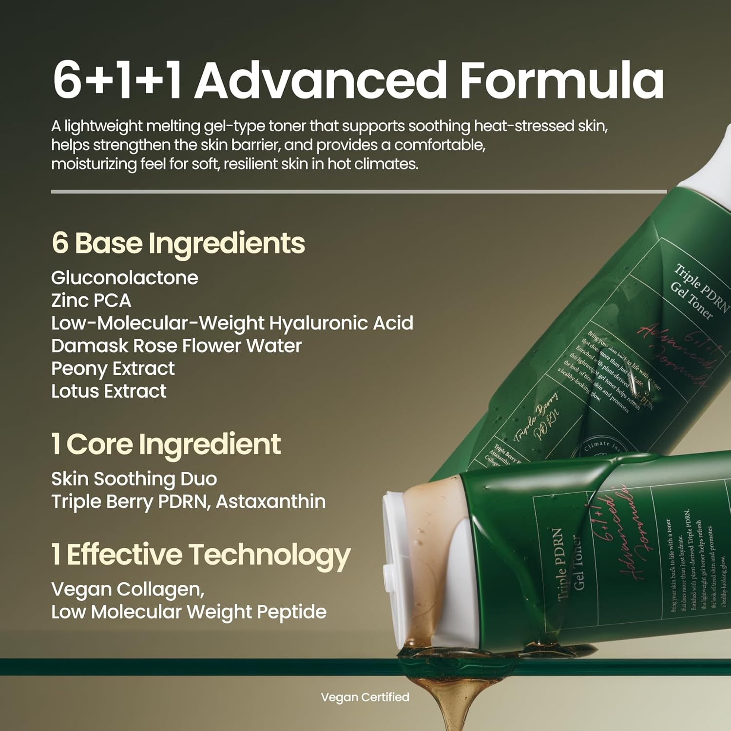 Green skincare product with text detailing its formula, ingredients, and benefits on a gray background.