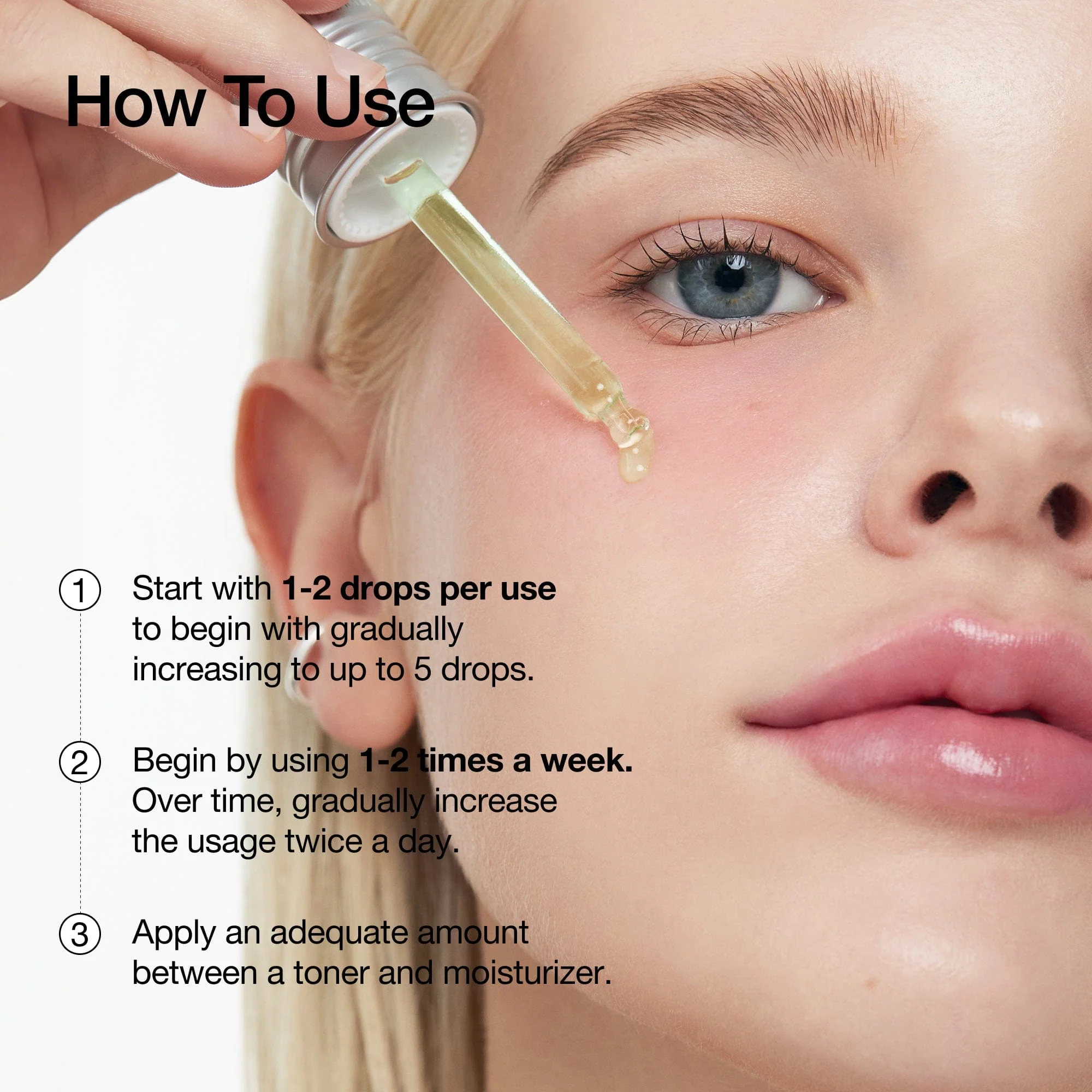Person applying dropper of liquid to face with usage instructions displayed.
