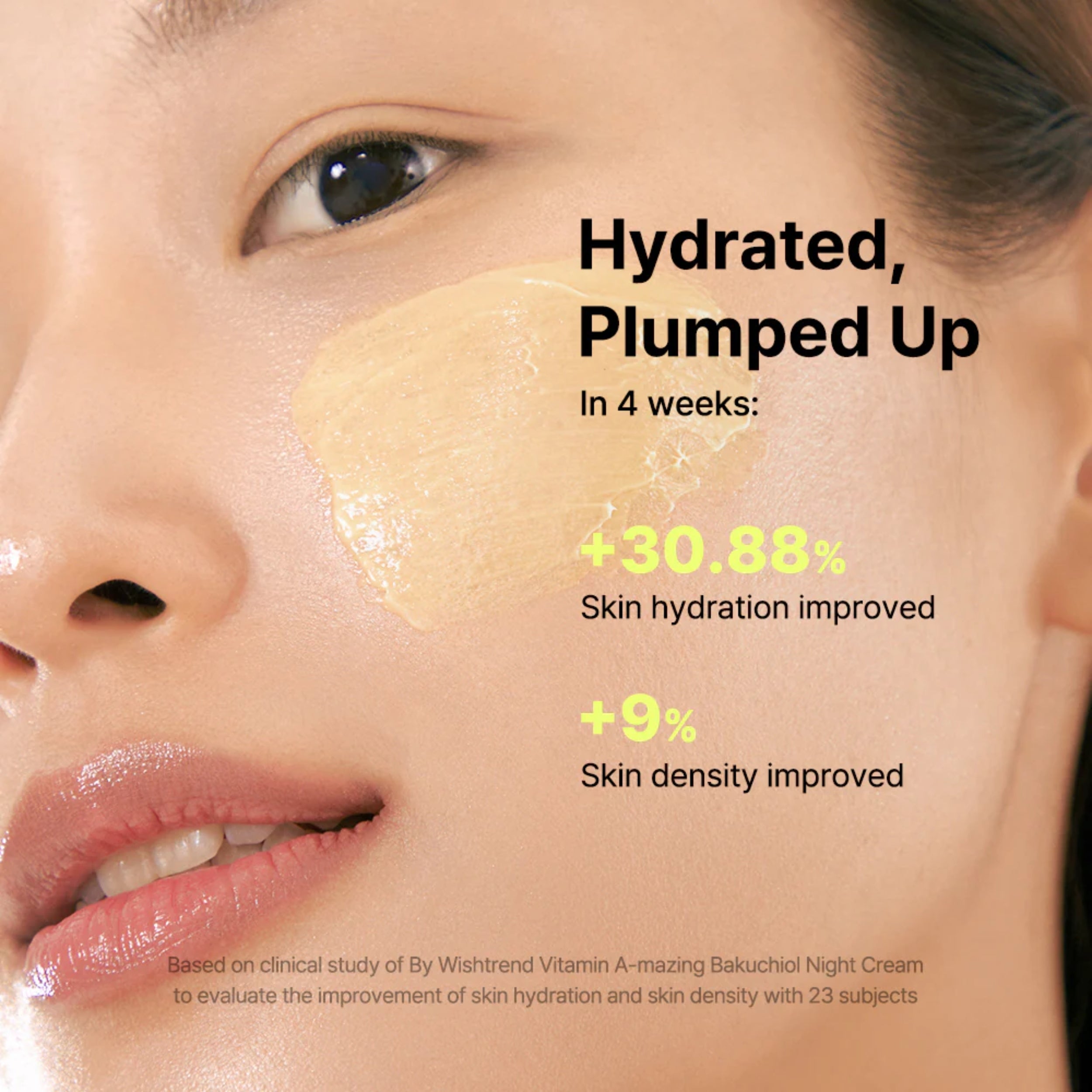 Advertisement for a skincare product showing a close-up of a person's face with text about skin hydration and density improvements.
