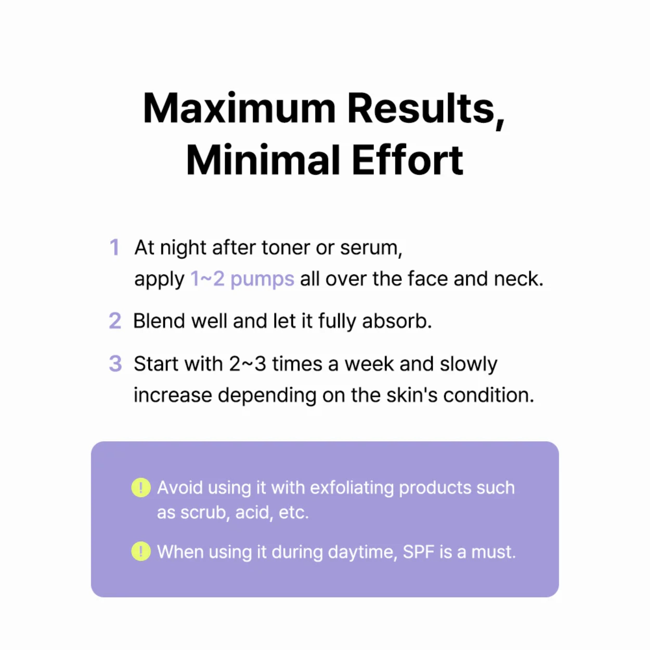 Instructions for using a skincare product with text and a purple box on a white background