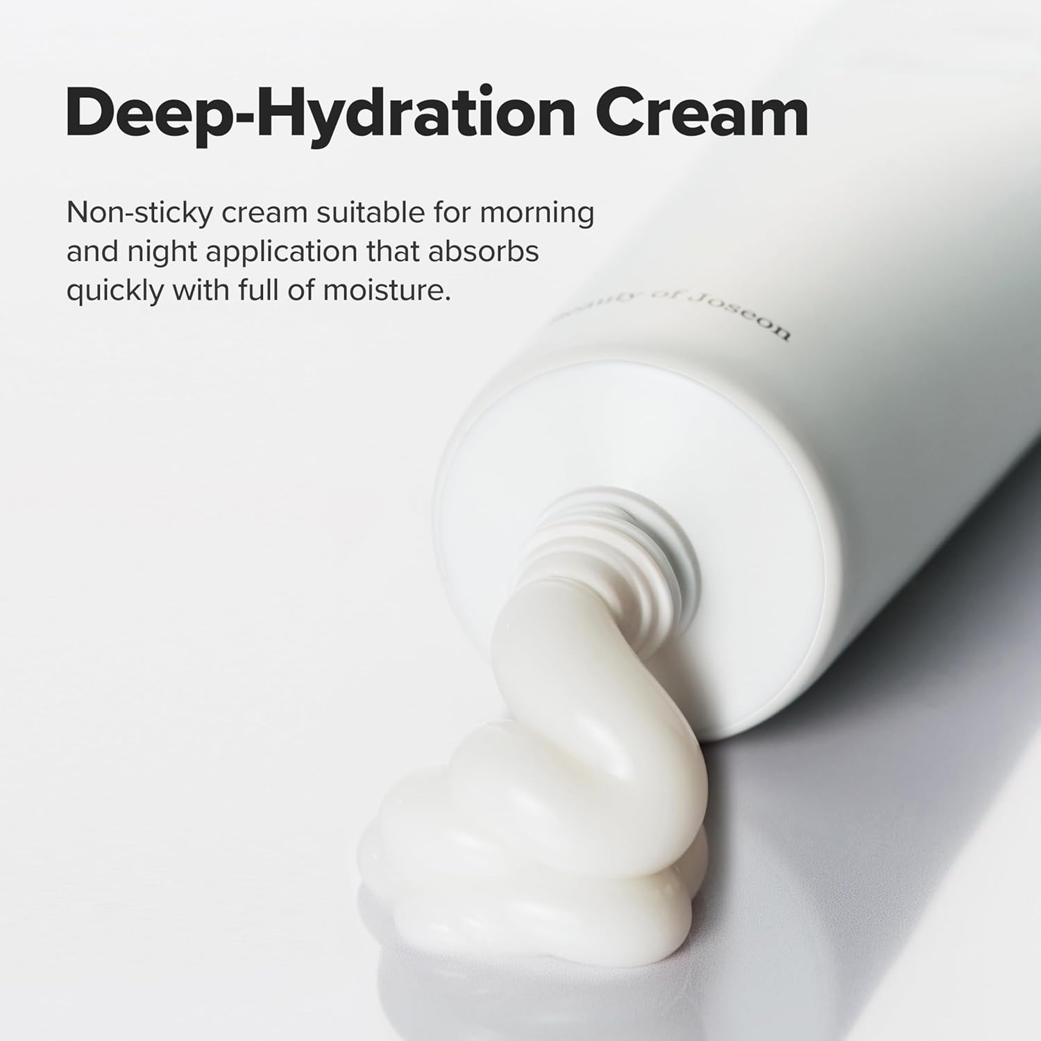 Tube of deep hydration cream with text describing its properties on a light background