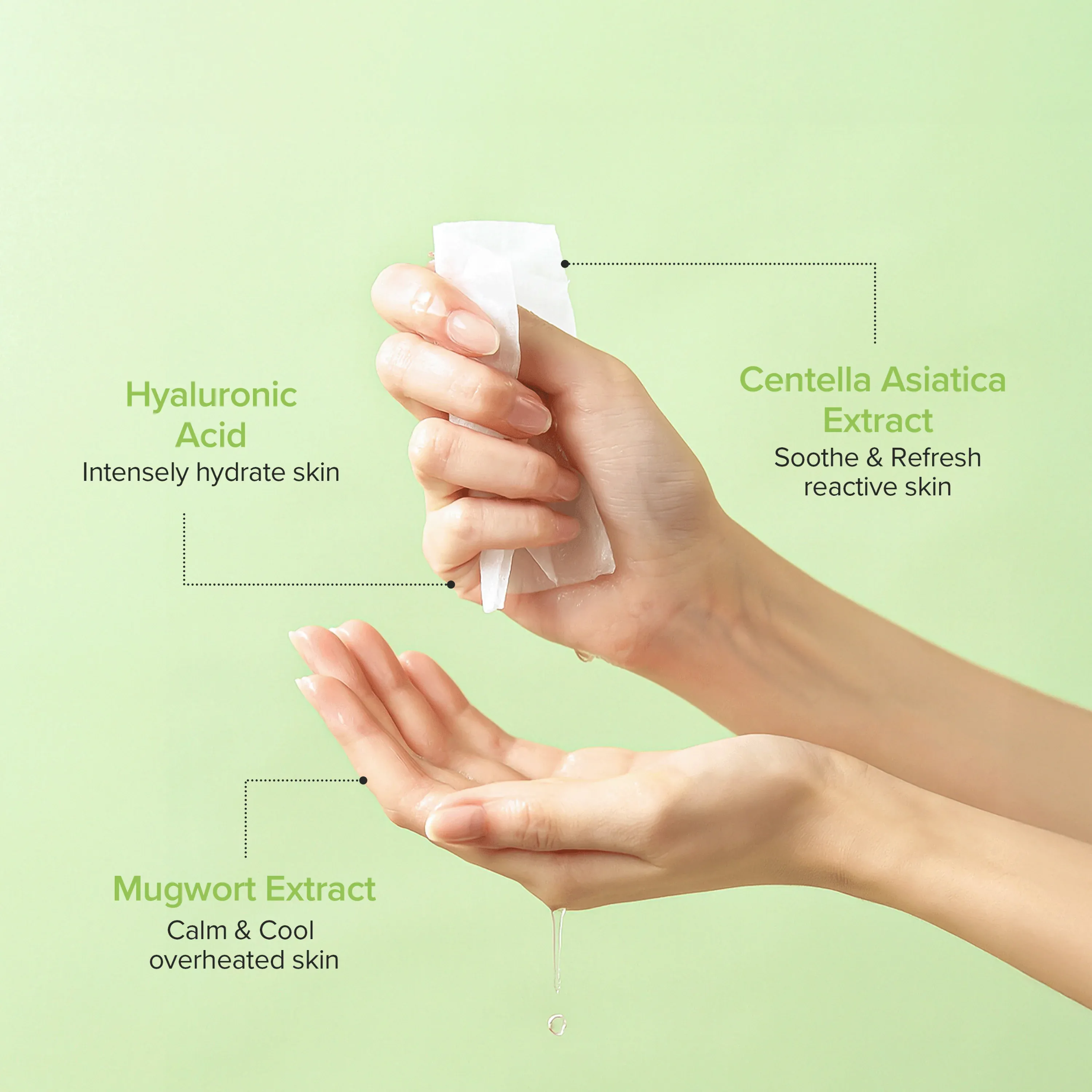 Hand holding a small bottle with text about skincare ingredients on a green background