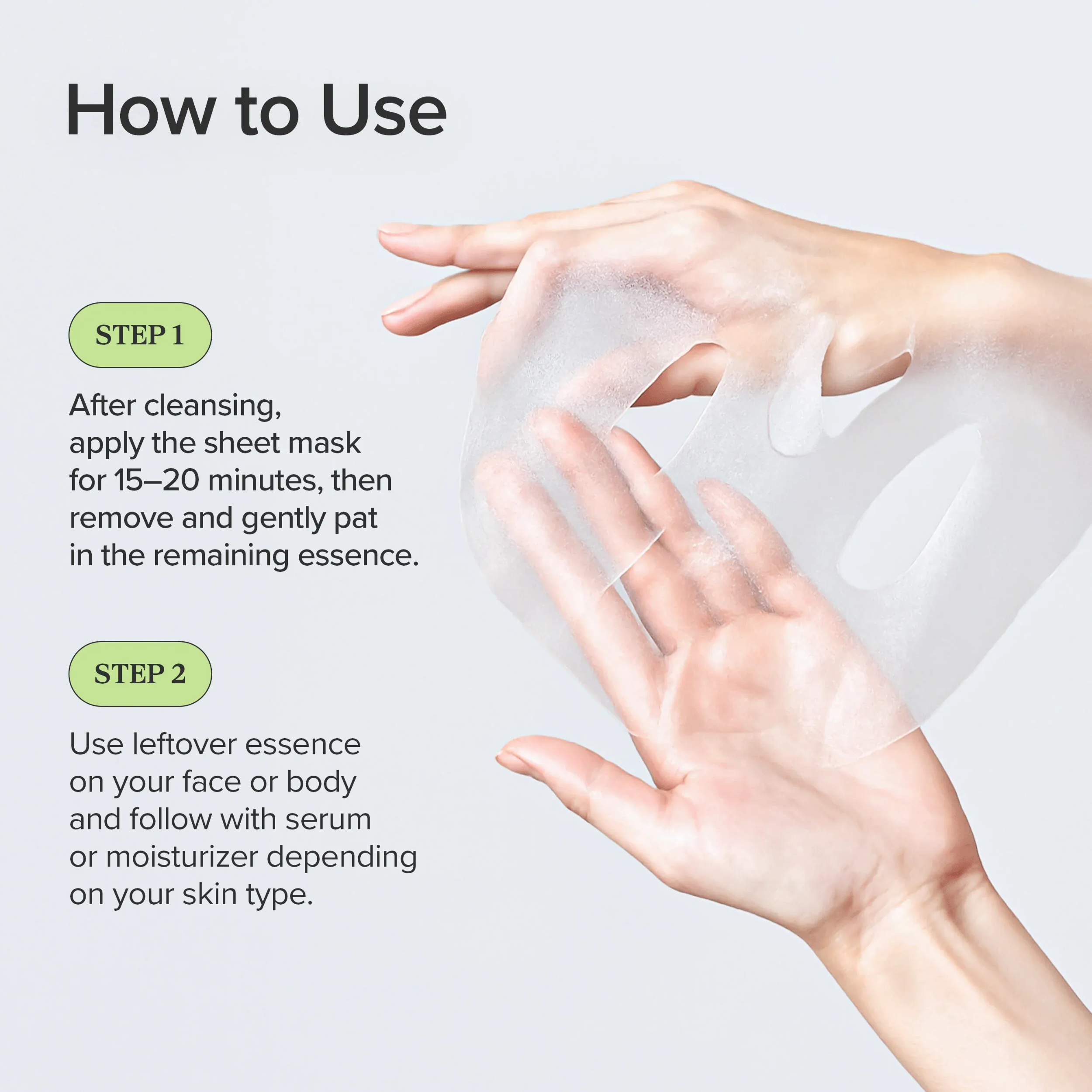 Instructions on how to use a sheet mask with hands applying it and text detailing the steps.