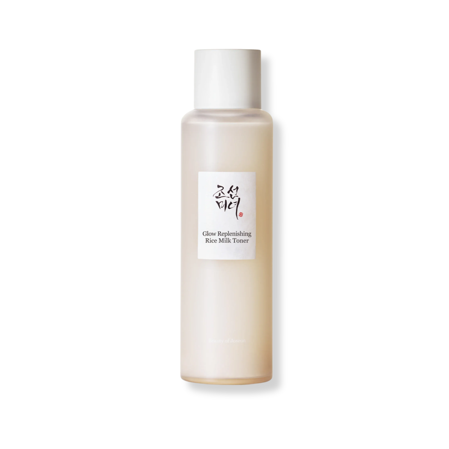 Skincare bottle labeled 'Glow Replenishing Rice Milk Toner' on a white background