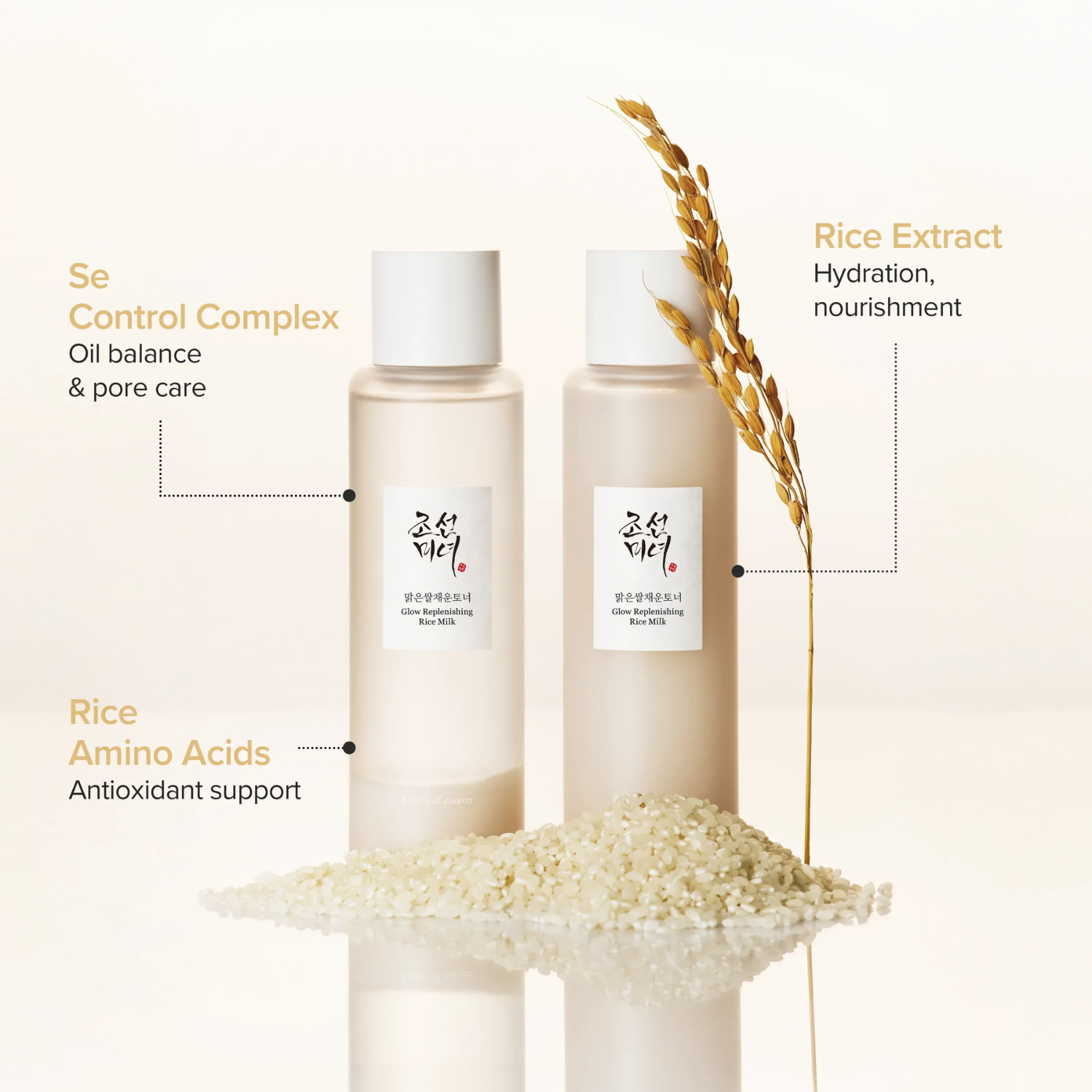 Two skincare bottles with rice extract and amino acids on a light background