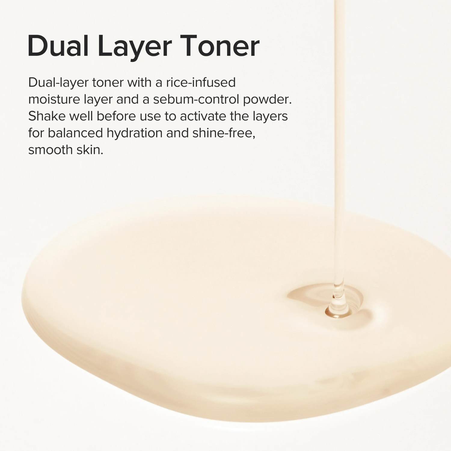 Dual-layer toner with a rice-infused moisture layer and sebum-control powder on a white background.