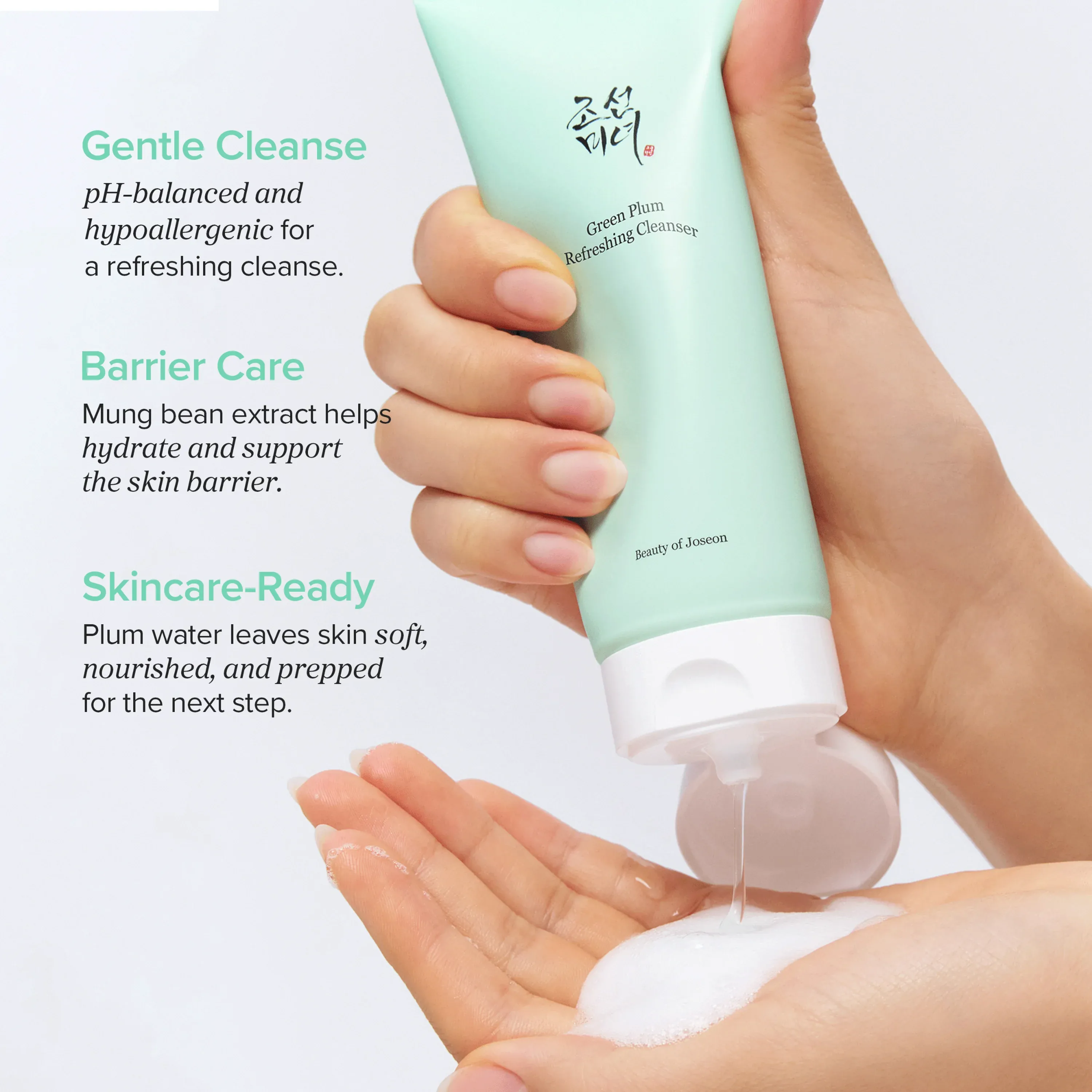 Hand holding a green skincare product with text on benefits