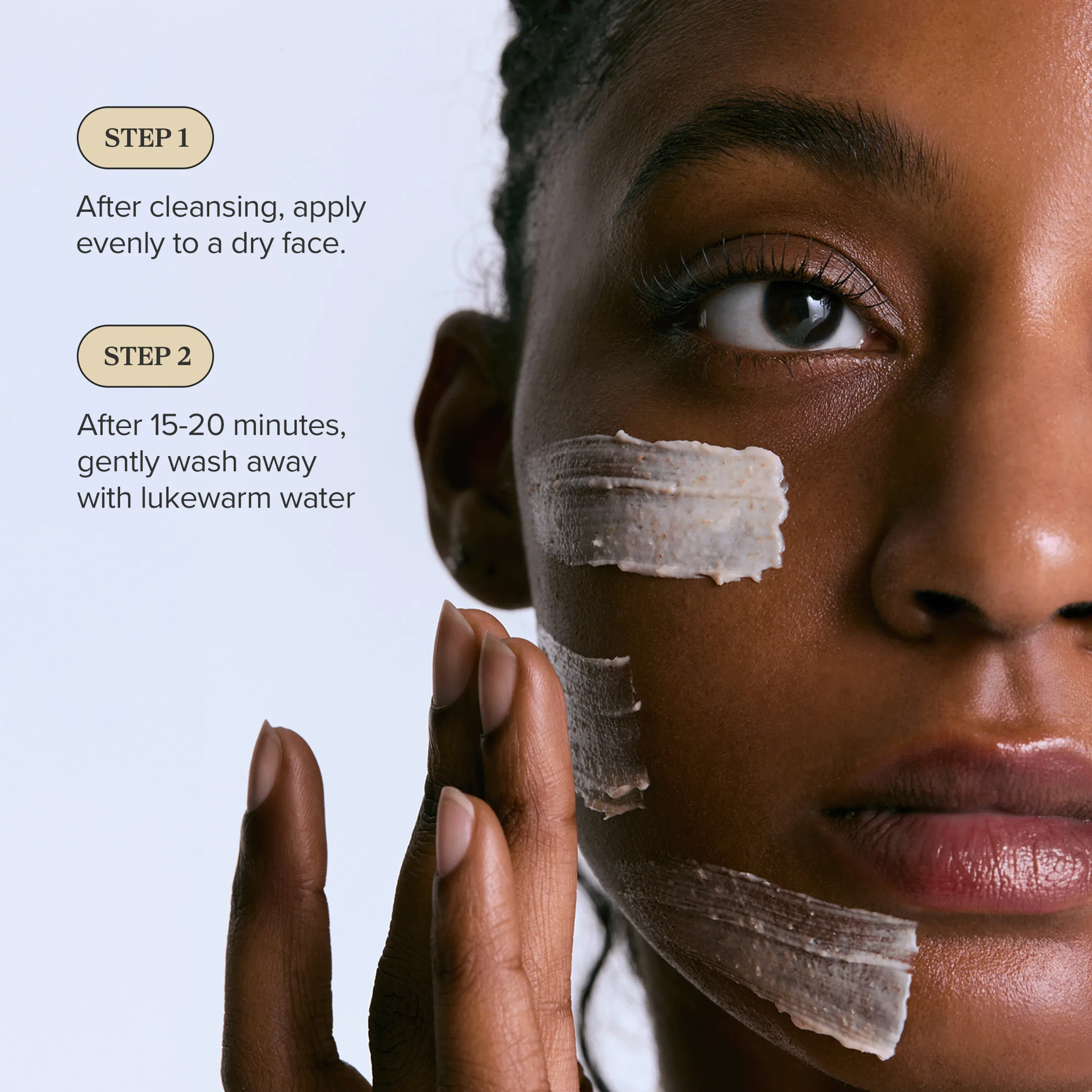 Woman applying a facial mask with text on how to use it
