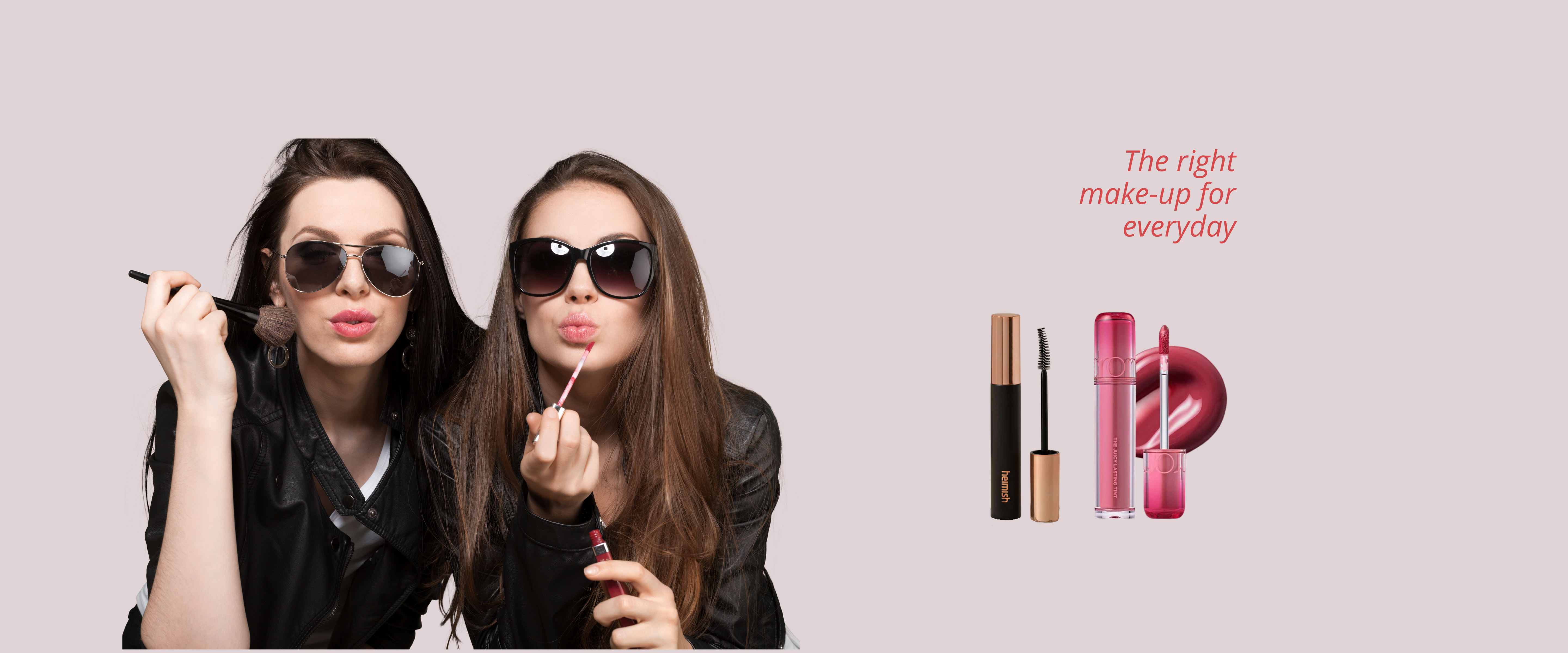 Two women applying makeup with lip products displayed on a light pink background