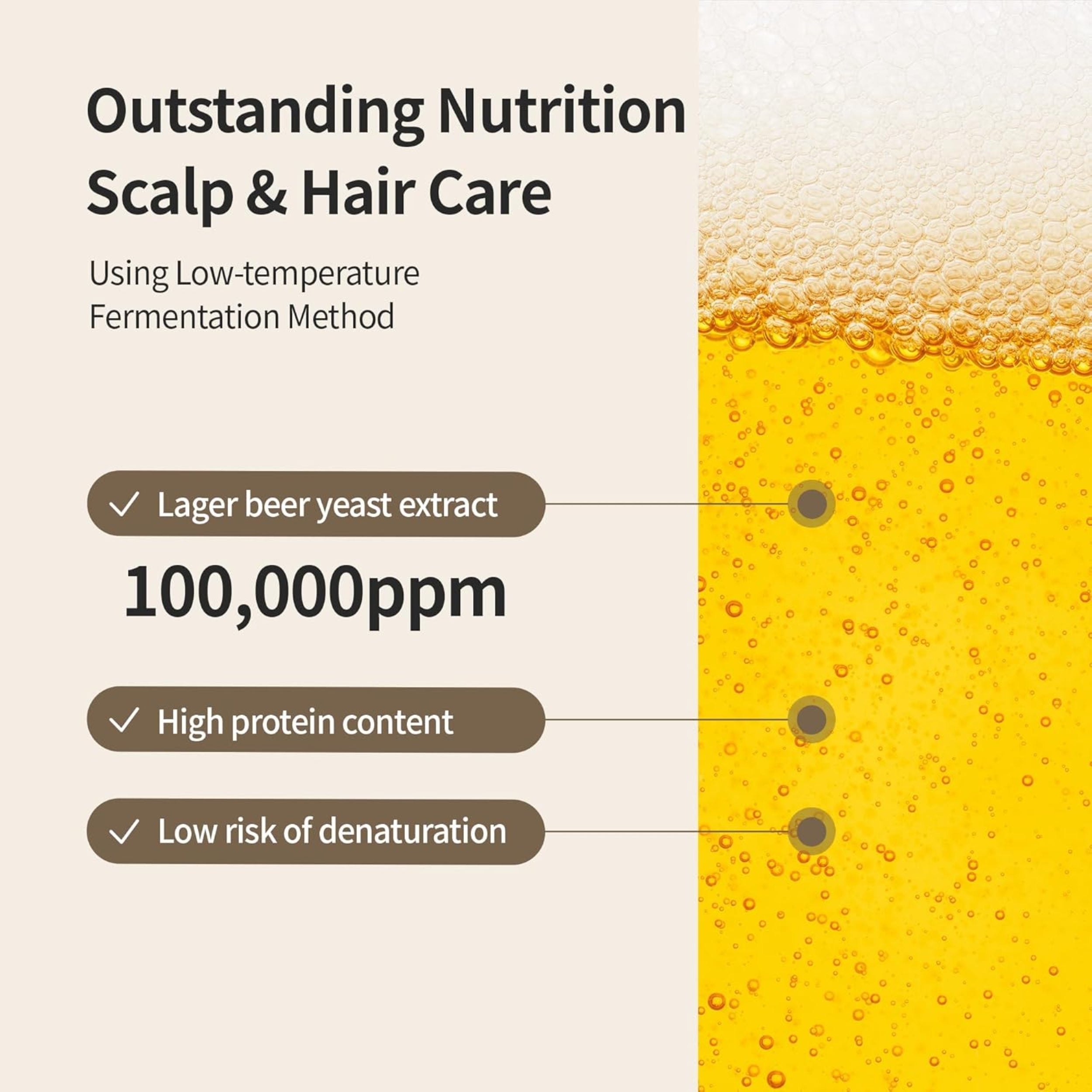 Advertisement for scalp and hair care product with lager beer yeast extract and text on a light background.